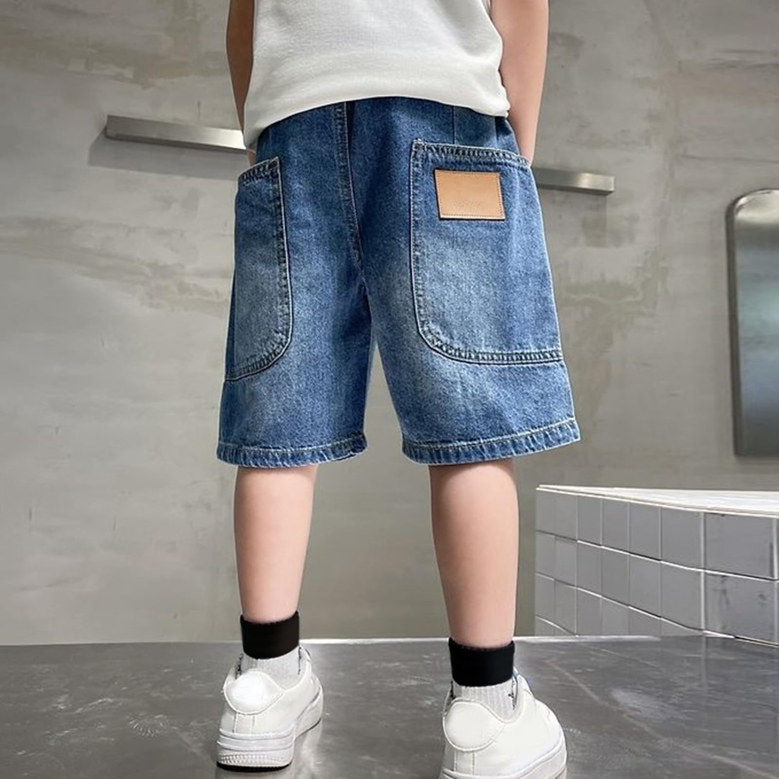 Short baggy en jean pour garçons - Décontracté - Taille élastique - Cargo - Jambe large - Short d'été droit - Longueur genou - Pantalon streetwear pour adolescents