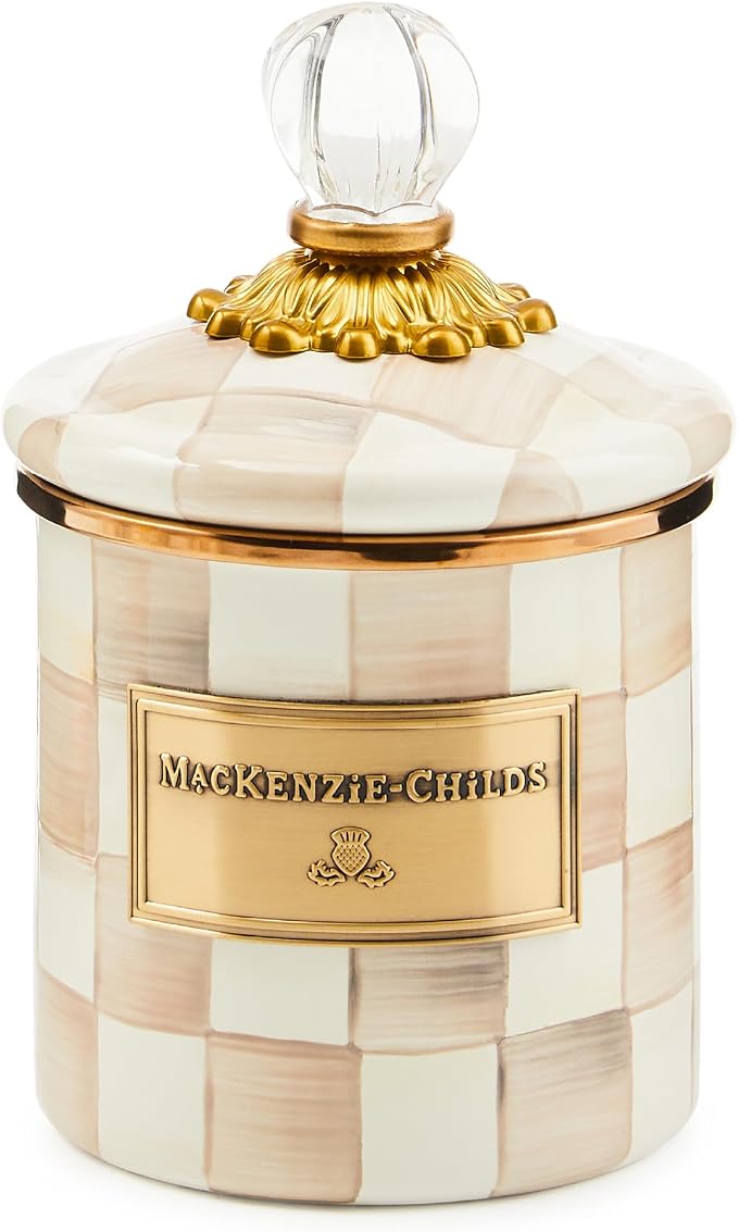 MACKENZIE-CHILDS Demi Enamel Canister, Kitchen Storage Container with Lid, Brown-and-White Mocha Check