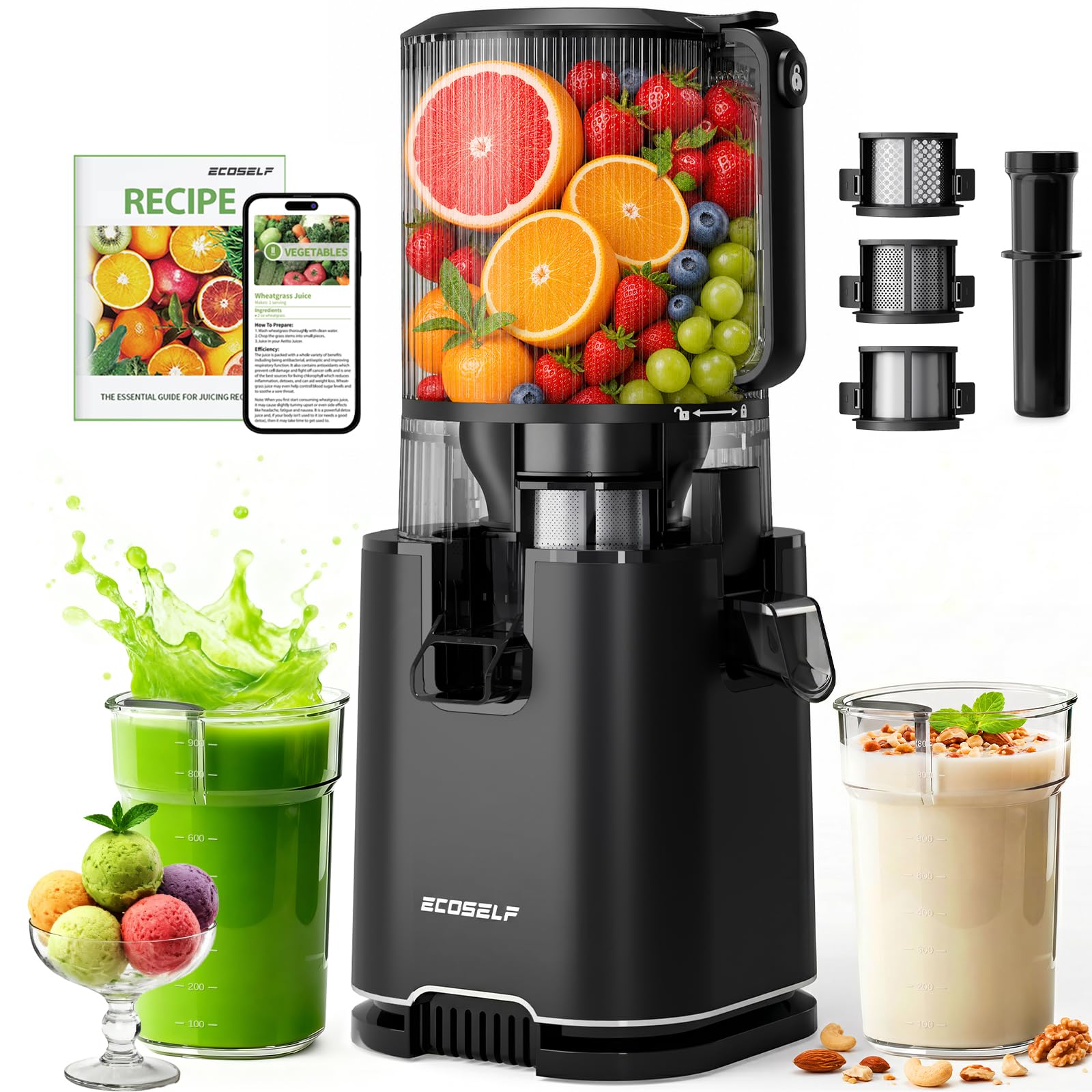 Photo 1 of ECOSELF 3-in-1 Cold Press Juicer with 3 Filters for Juice, Nut Milk & Sorbet, 6.0" Extra Large Feed Chute, Masticating Juicer Machines For Whole Fruits & Vegetables, Quiet Motor (With Pusher)
