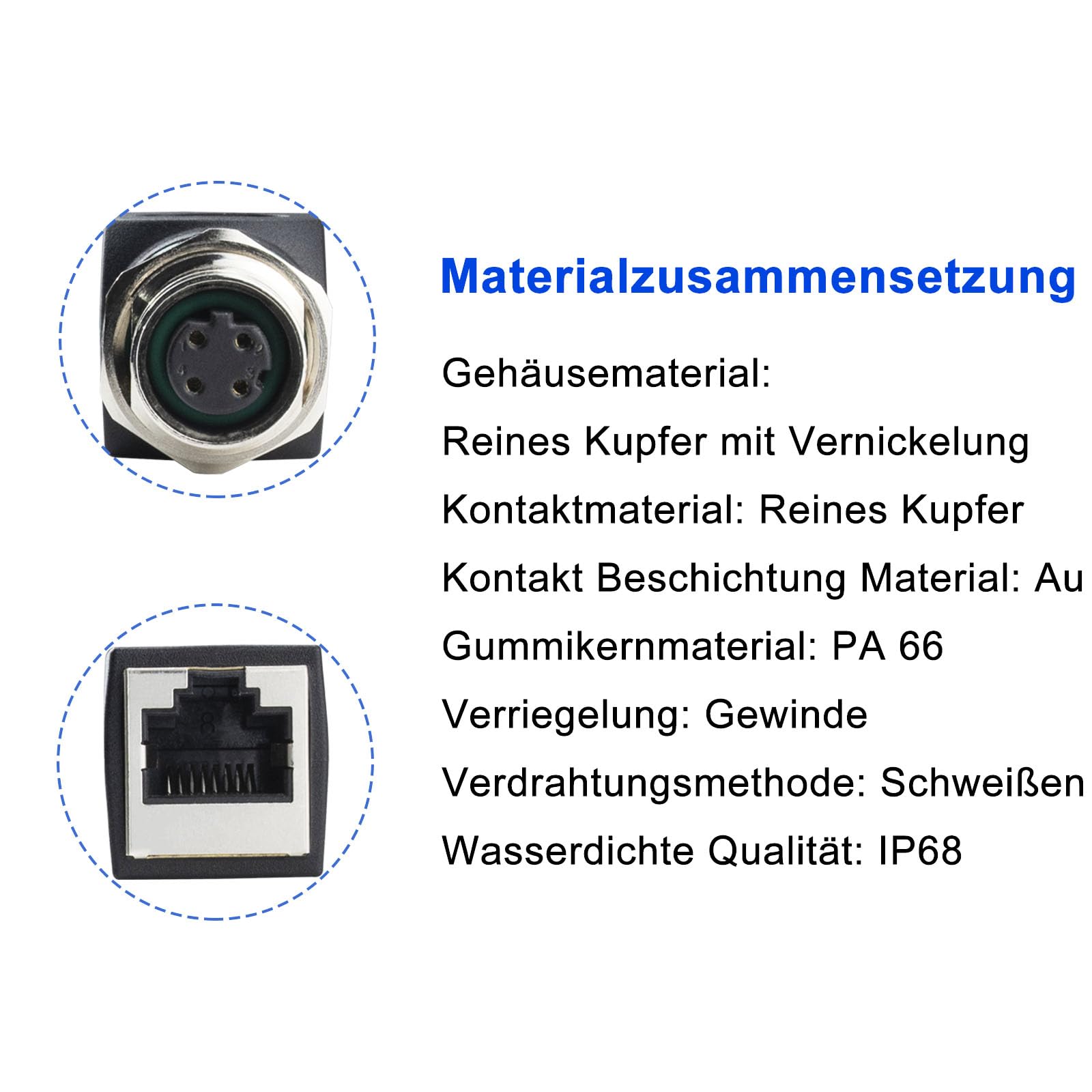 Adattatore M12 a RJ45, 4 Pin, Codice D, IP68, Impermeabile, Schermato, Femmina, Ethernet Cat6/Cat5, ASITPA-4512MD-S