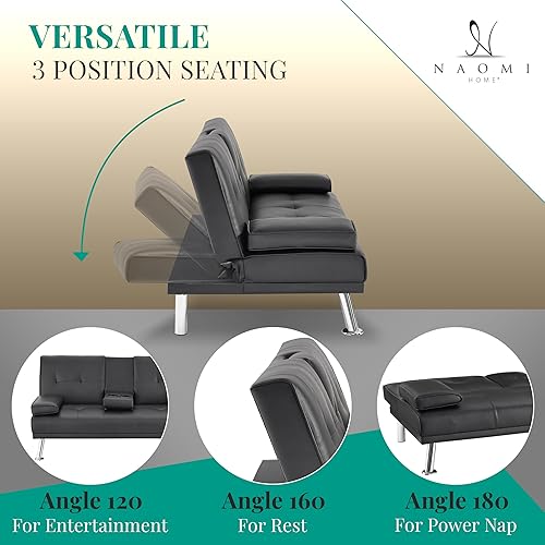 Miniatura 5 de Naomi Home Diseño de perfil bajo: sofá cama plegable convertible para sala de estar, sofá futón tapizado de piel sintética con reposabrazos, patas