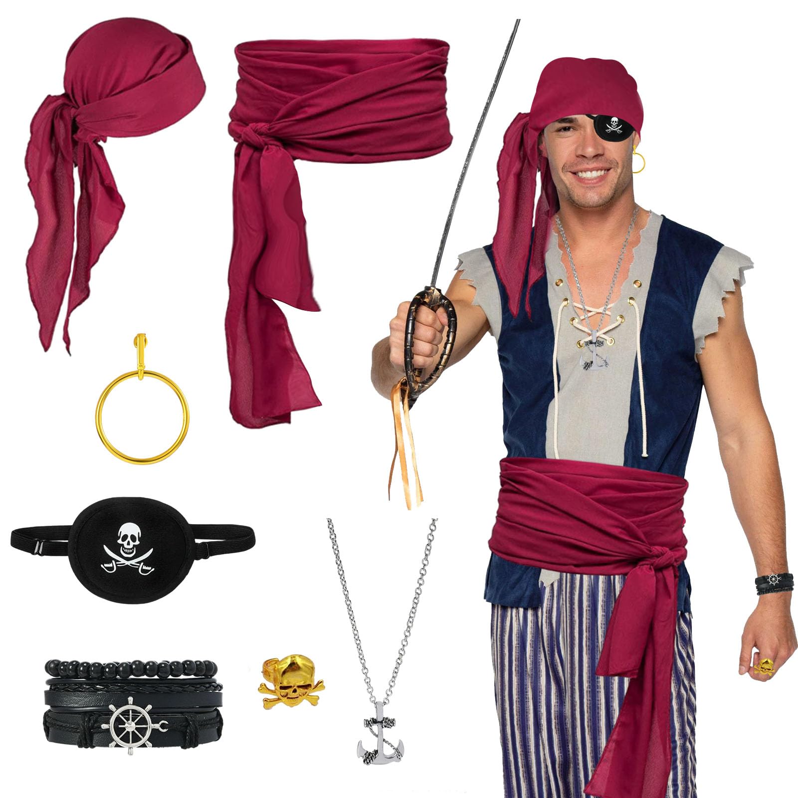Piratenkostuum met rode bandana voor heren - Partyversiering Piratenkostuum met rode bandana voor heren - Partyversiering