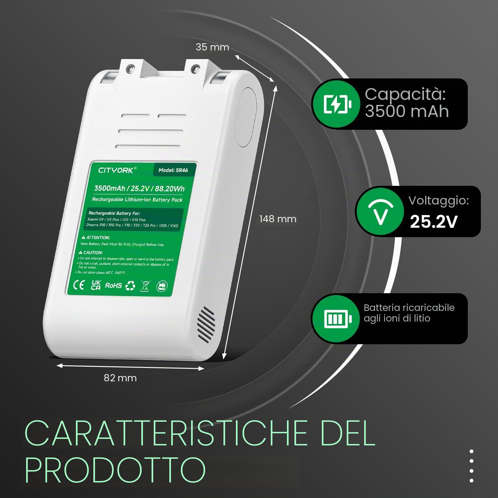 CITYORK Batteria di ricambio per aspirapolvere Xiaomi G9, G9 Plus, G10, G10 Plus, V12S, V16S, 25,2 V, 3500 mAh