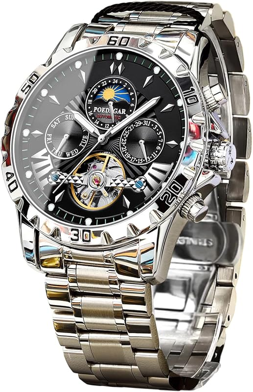 FORSINING Mechanical Men's Watch, Moon Phase Tourbillon Automatic Self-Wind Wristwatch, Luxury Stainless Steel Band 43mm Big Dial Mens Wrist Watch with 3 Sub Dial