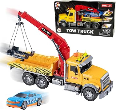 Kids Big Tow Trucks Toy Construction Crane Yellow Truck for Children with Hook and Car Wrecker with Sound Toy for Boys & Girls Rescue Truck Toddlers Educational Gift
