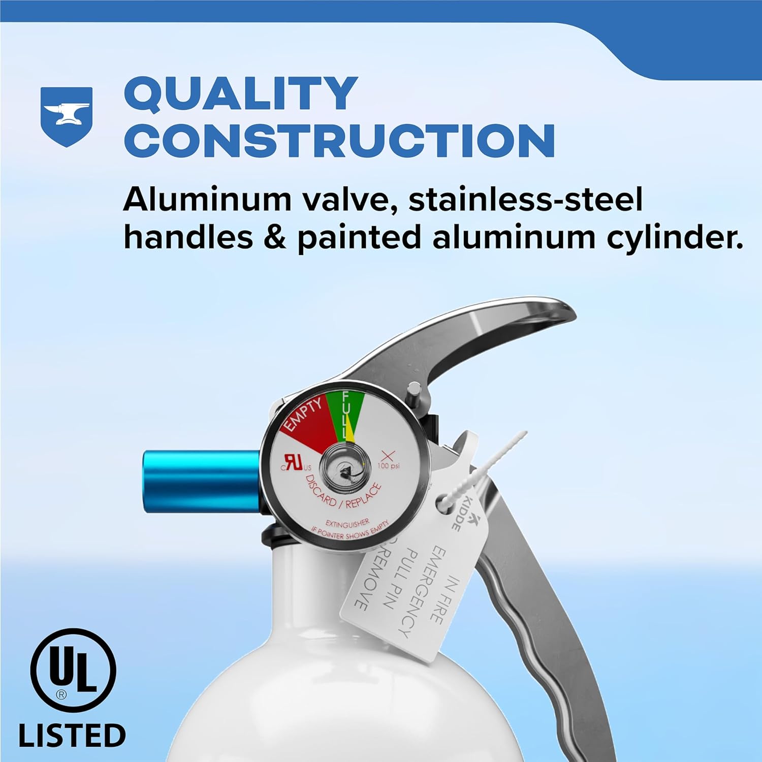 Close-up of the fire extinguisher showing quality construction