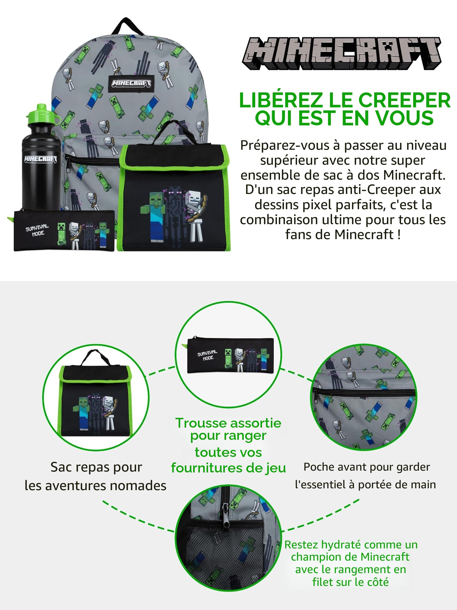 Minecraft Sac d’école Ensemble de sac à dos d'école pour garçon | Trousse scolaire pour garçon | Ensembles de sacs d'école | Taille unique Noir