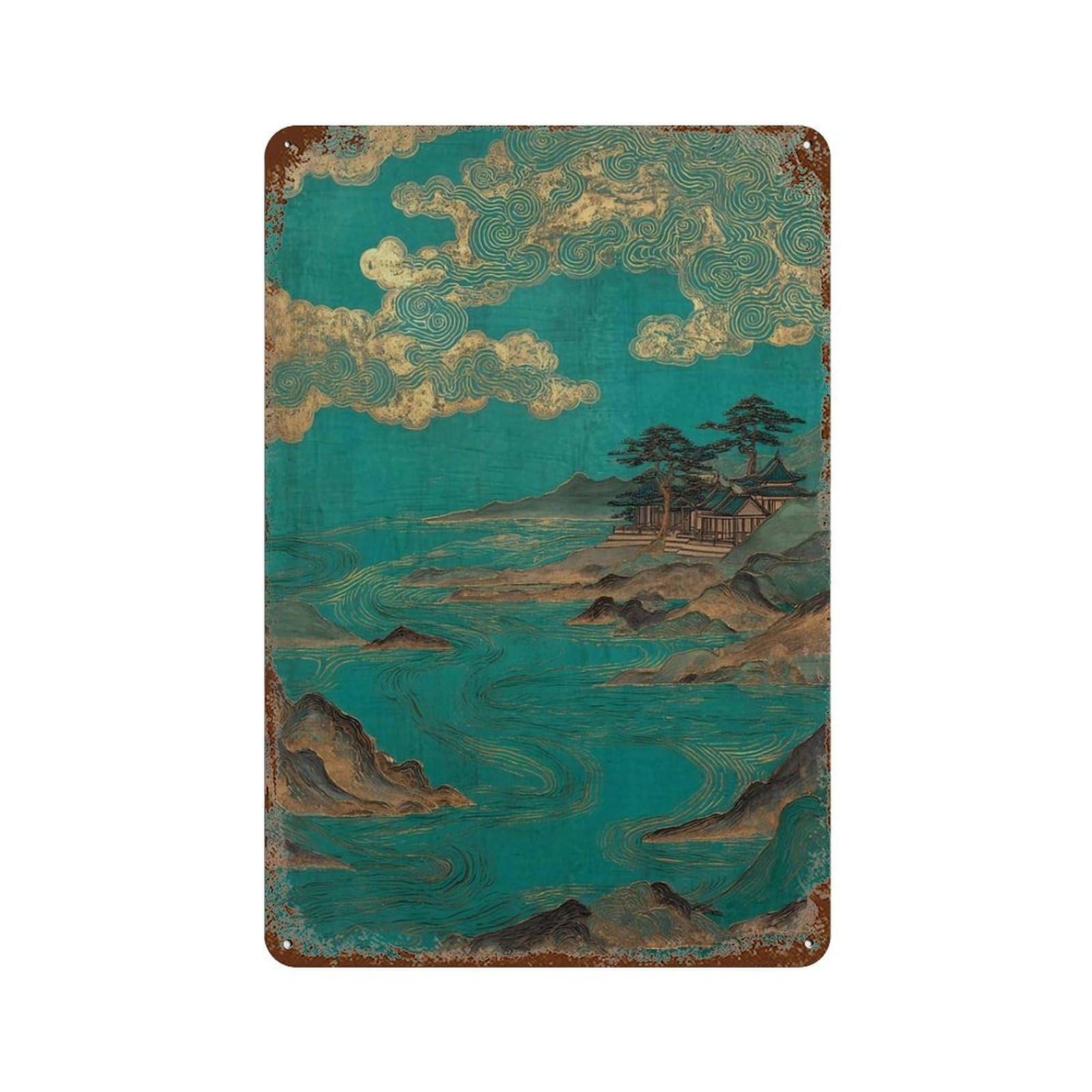 xiaoxiaoshen Japanese Landscape Gold Wave – Style Asian Coastal with Temple & Clouds Wall Decor Art Metal Tin Poster Modern Home Decor Art Home Bar Shop Decorations Vintage Sign 30x20cm