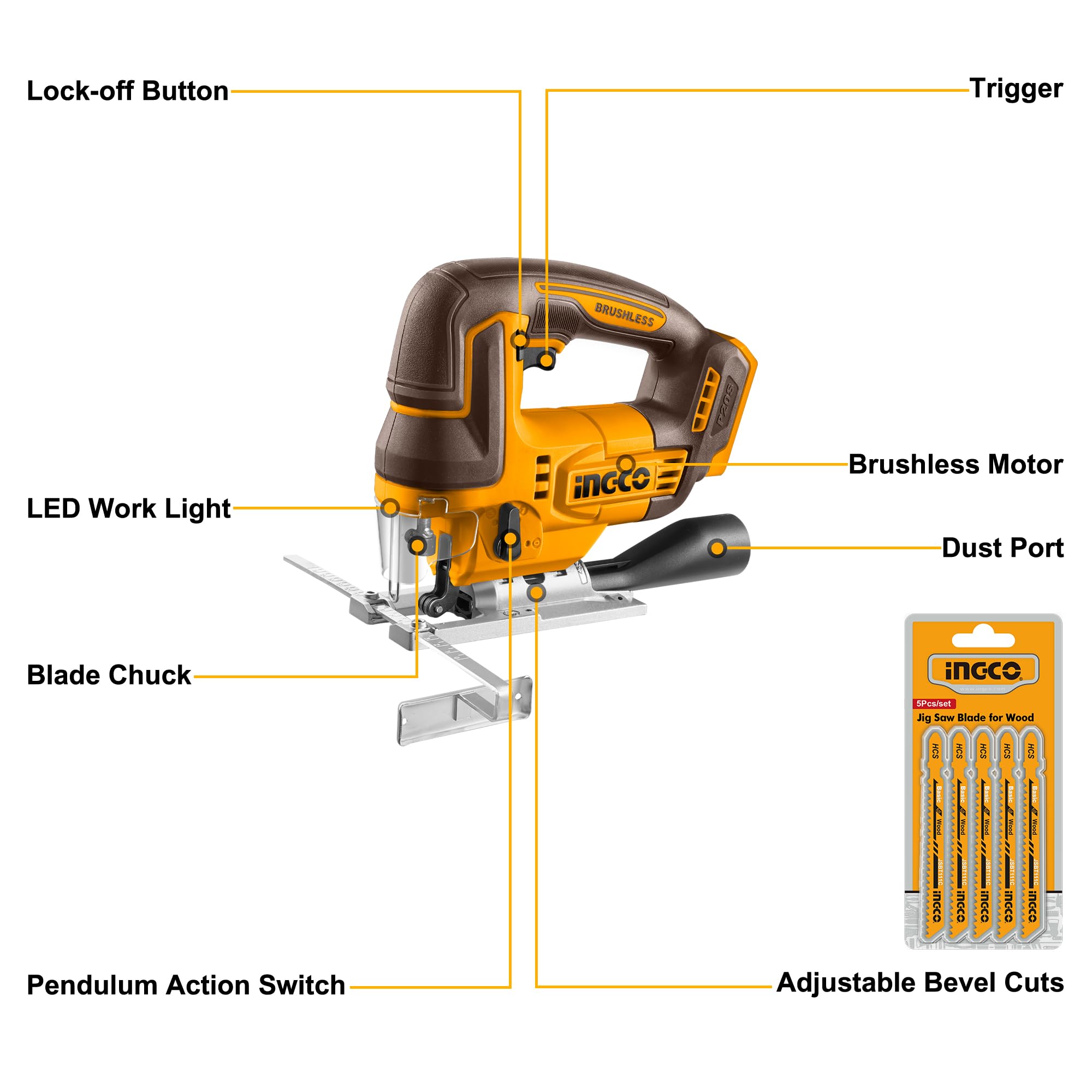 INGCO 20V Cordless Jig Saw (Body Only), Brushless Motor, 3000RPM with 5Pcs Saw Blades CJSLI1008, Yellow and Black - Image 4