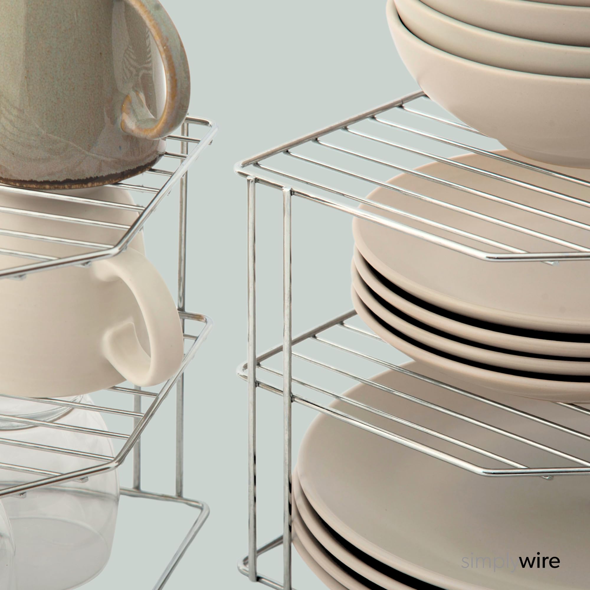 simplywire – Soportes para vajilla de 3 Niveles – Paquete de 2 Organizadores de Armarios de Cocina – Acero Recubierto de Cromo