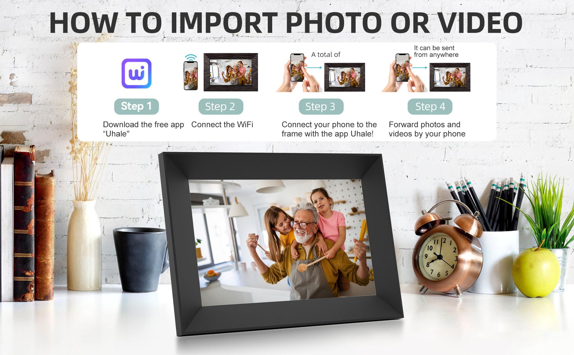 Cornice digitale WiFi da 10,1 pollici con memoria da 16 GB, touch screen HD 1280 x 800 IPS, cornice digitale nera, touchscreen IPS HD, rotazione automatica, condivisione istantanea di foto e