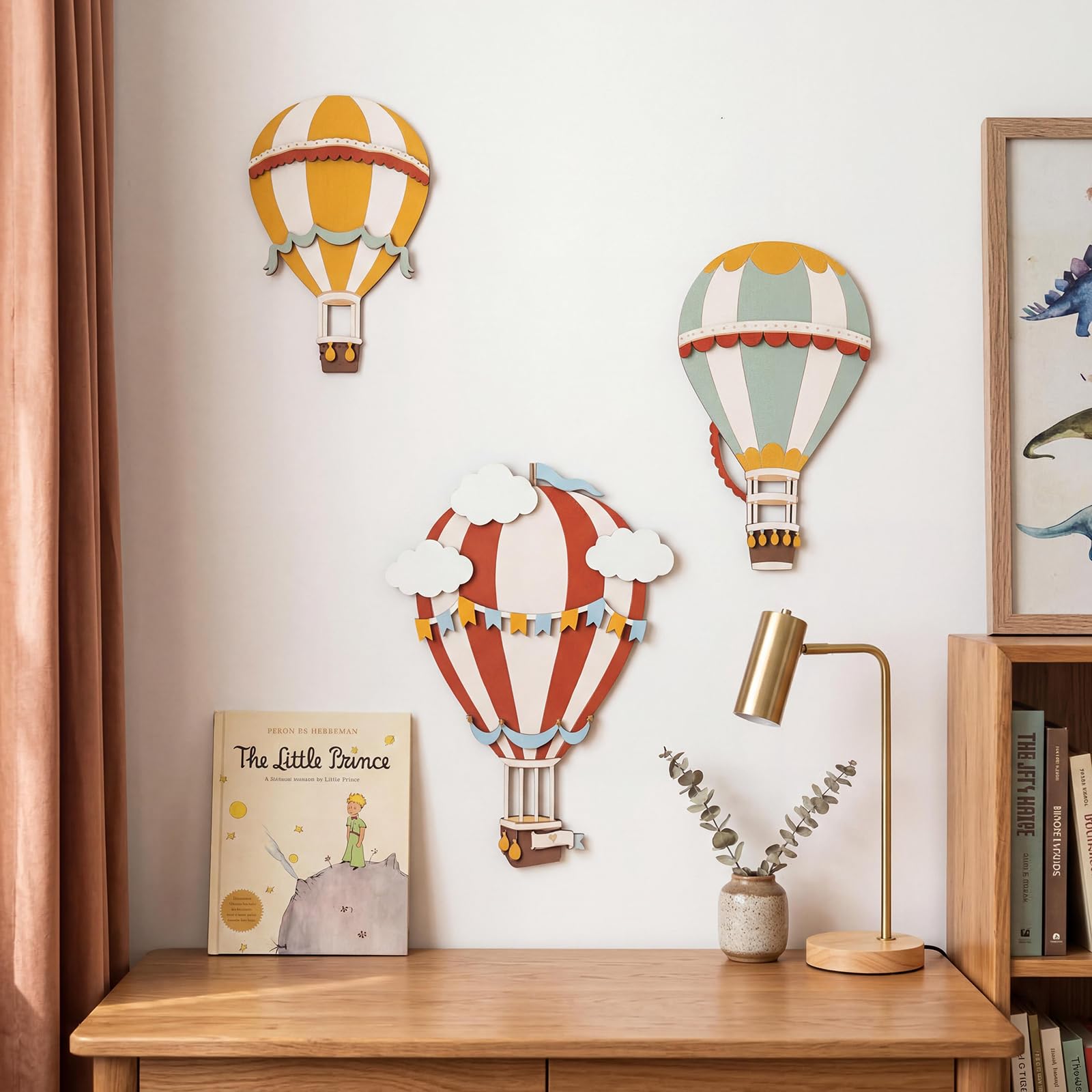 HUASUN 3Pcs Wooden Hot Air Balloon Wall Decor, 3D Boho Hanging Wall Art for Playroom Living Room, Colorful Rustic Home Wall Ornaments Set