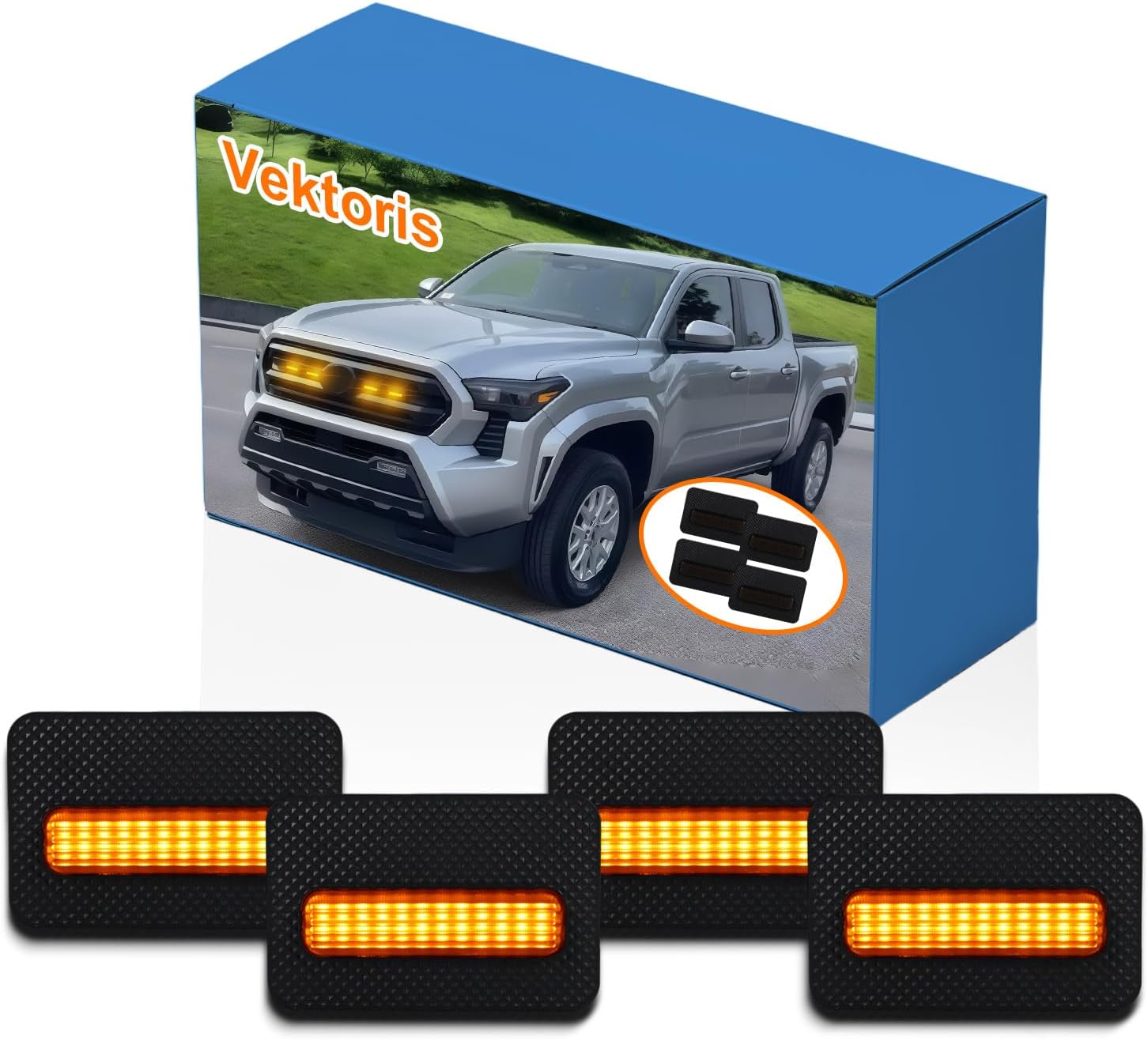 4PCS LED Front Bumper Grille Lights Smoked Lens for Toyota Tacoma 2024 2025 SR SR5 Cab Front Mesh Warning Light Daytime Running Light Amber Grille Lamps Kit