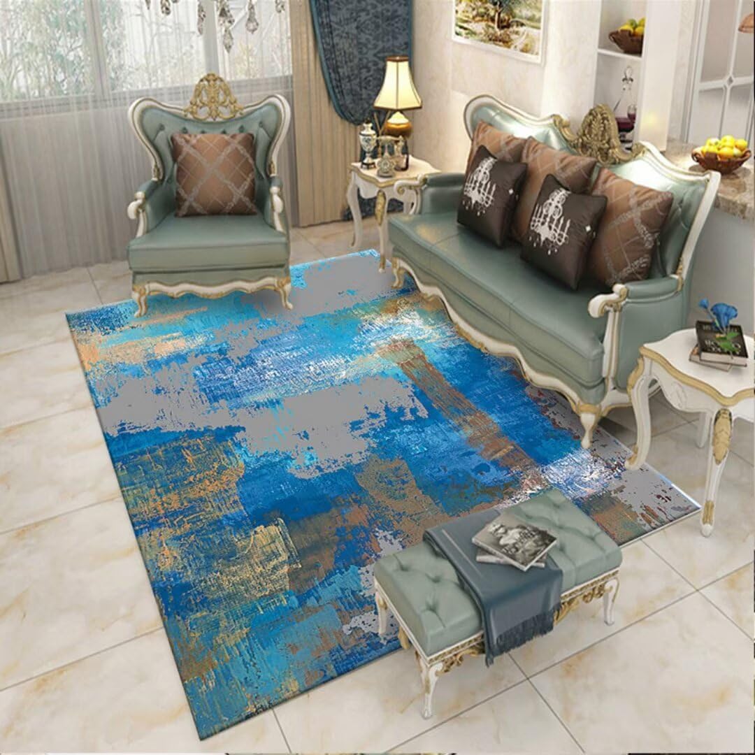 Tapis deco bureau abstrait moderne bleu et minimaliste