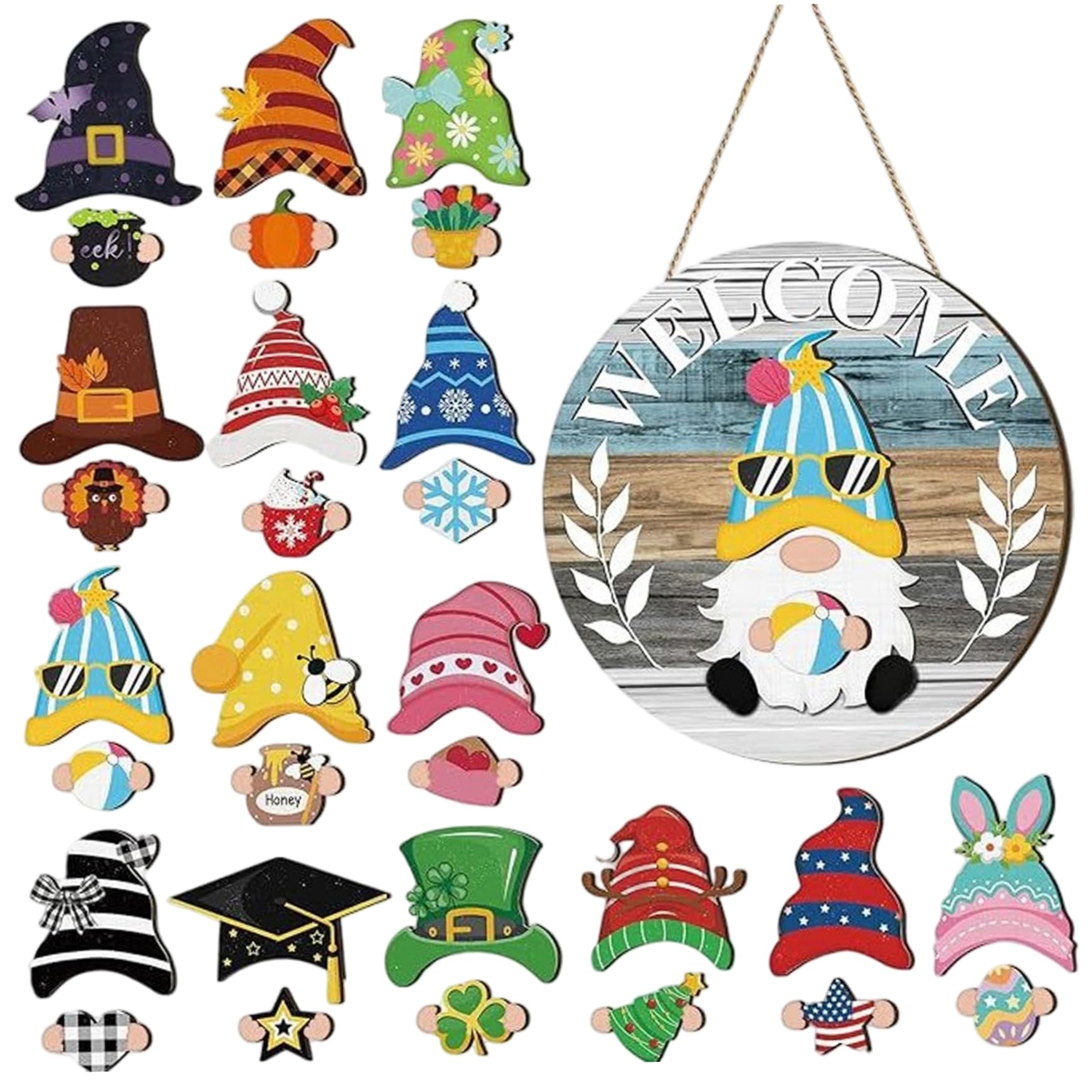 Peosaard Assorted Color Interchangeable Door Sign, Interchangeable Welcome Sign Wooden Seasonal Holiday Gnomes With Magnet Pieces And Detachable Hats For Front Door, Porch, Garden, Wall, Holiday Gnomes