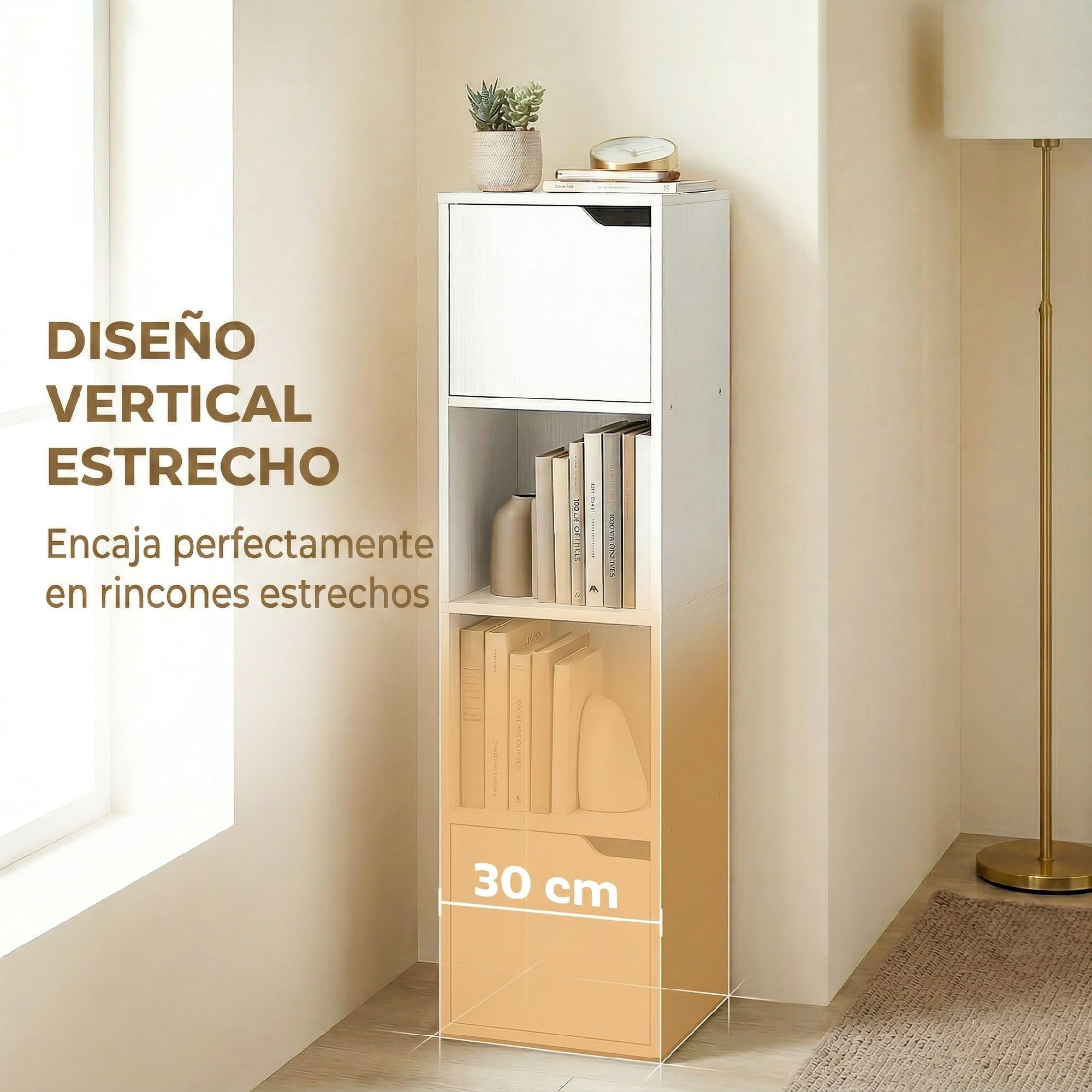 HOMCOM Estantería para Libros con 2 Puertas 4 Niveles 30x29x119 cm Blanco | Estantería Estrecha y Alta, Librería, 2 Estantes Abiertos, Armario Alto, para Salón Estudio Oficina