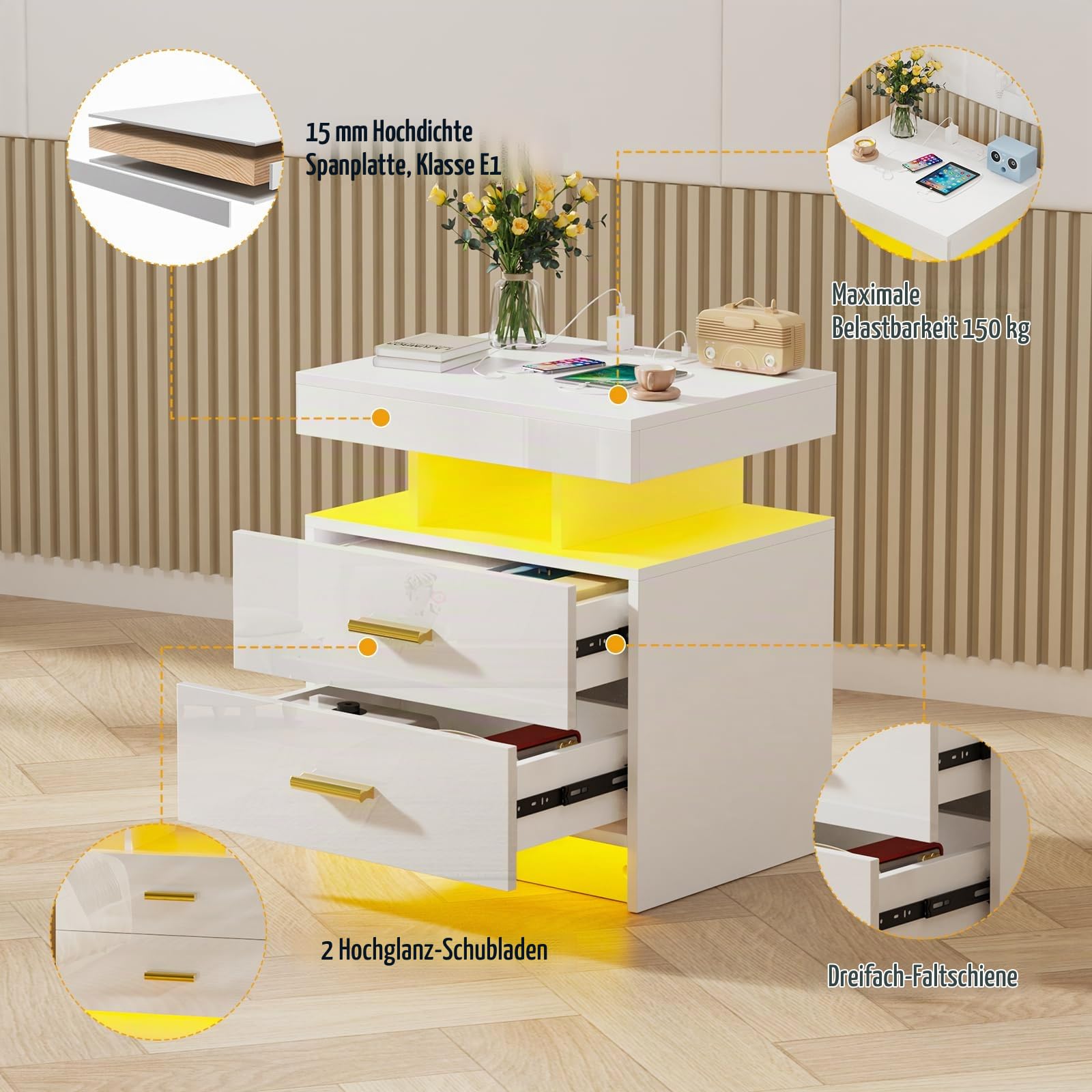 Nachttisch LED mit Steckdose(2 AC-Steckdosen & 2 USB-Anschlüsse), Nachtkommode mit 2 Schubladen und 2 in 1 Led, Moderner Nachtkästchen für Wohnzimmer, 50x40x58cm, Weiß