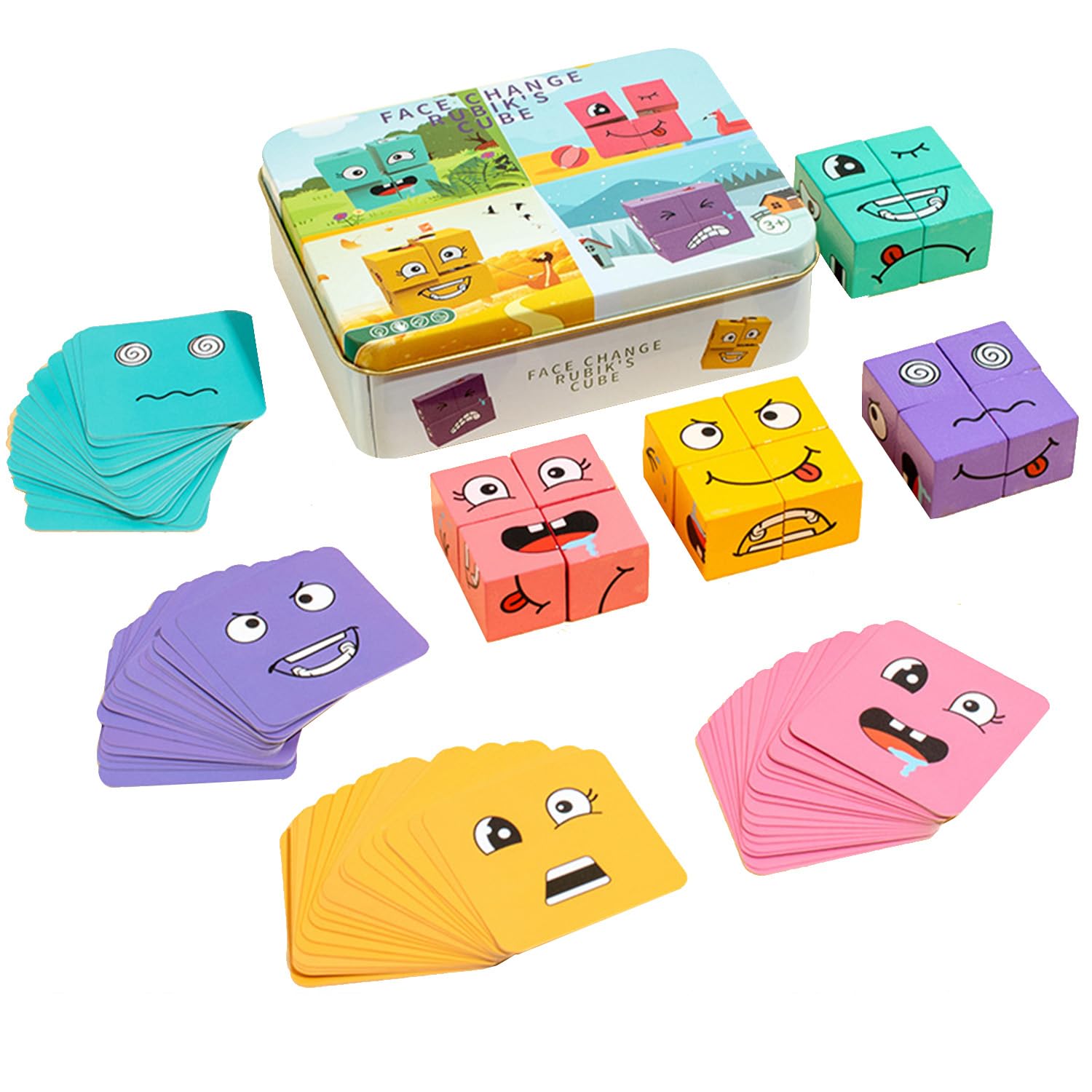 Face Changing Magic Cube Game, Wooden 3D Puzzle Face-Changing Magic Cube Building Blocks, Matching Puzzle Game Expressions Toy Educational Montessori Toys Gift for Kids Christmas Birthday (B)