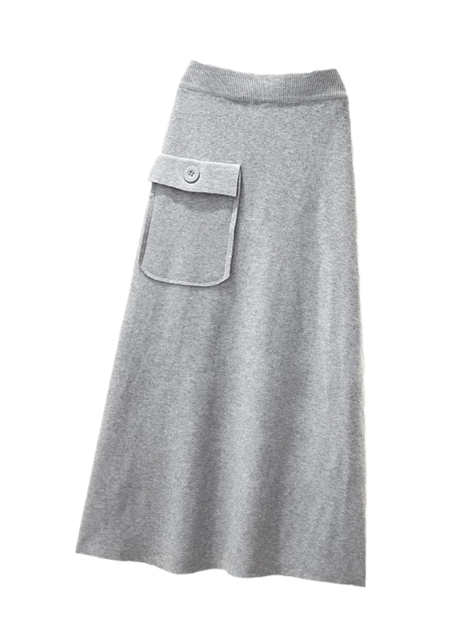 Moda de punto midi falda mujeres con un bolsillo otoño invierno coreano simple sólido una línea de cintura alta falda larga