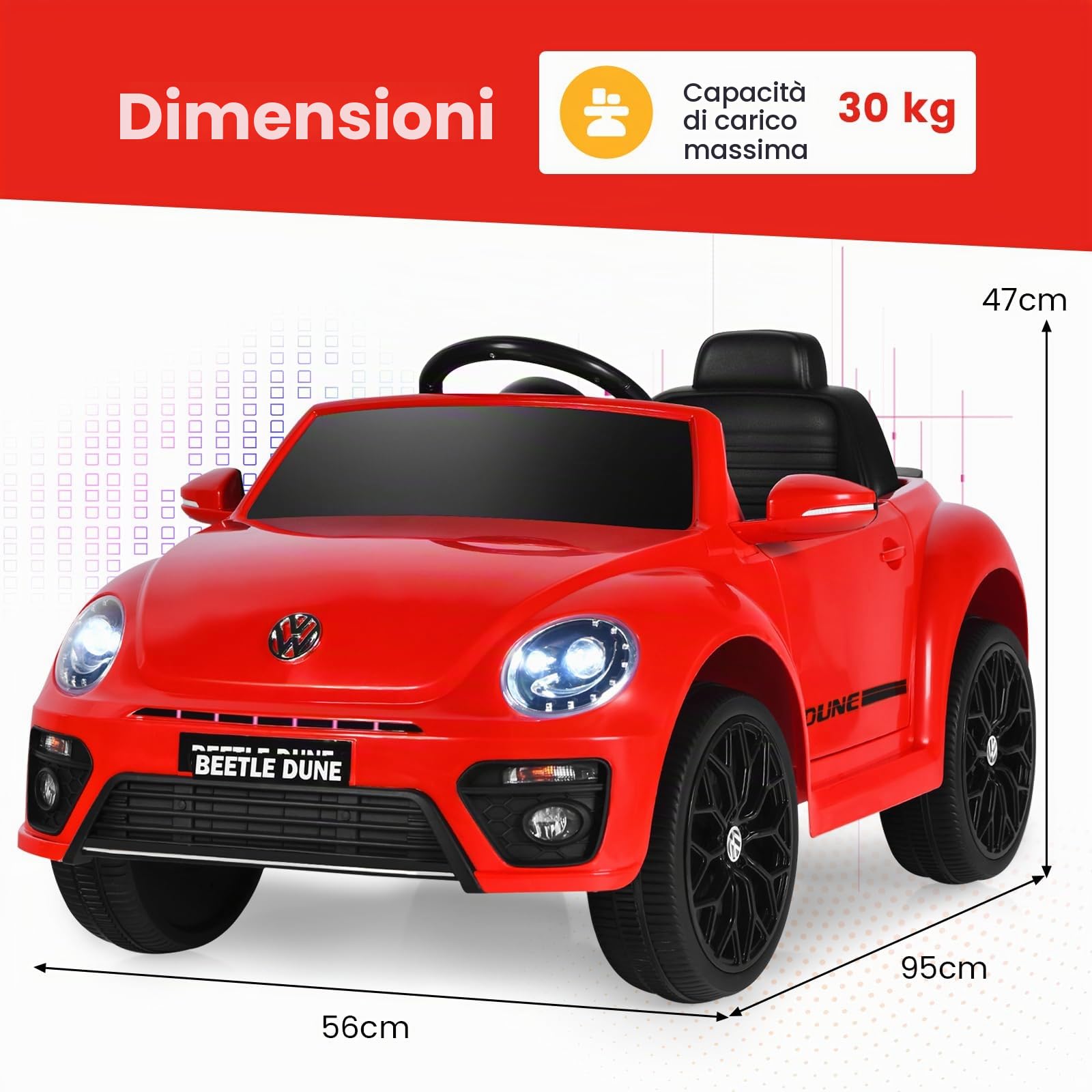 RELAX4LIFE 12V Macchina Volkswagen Elettrica per Bambini con Telecomando 2,4G, 5 km/h, Luci, Musica, Slot USB, Clacson, 2 Portiere Apribili, 3-8 Anni, Carico 30 KG, Cintura di Sicurezza, ROSSO