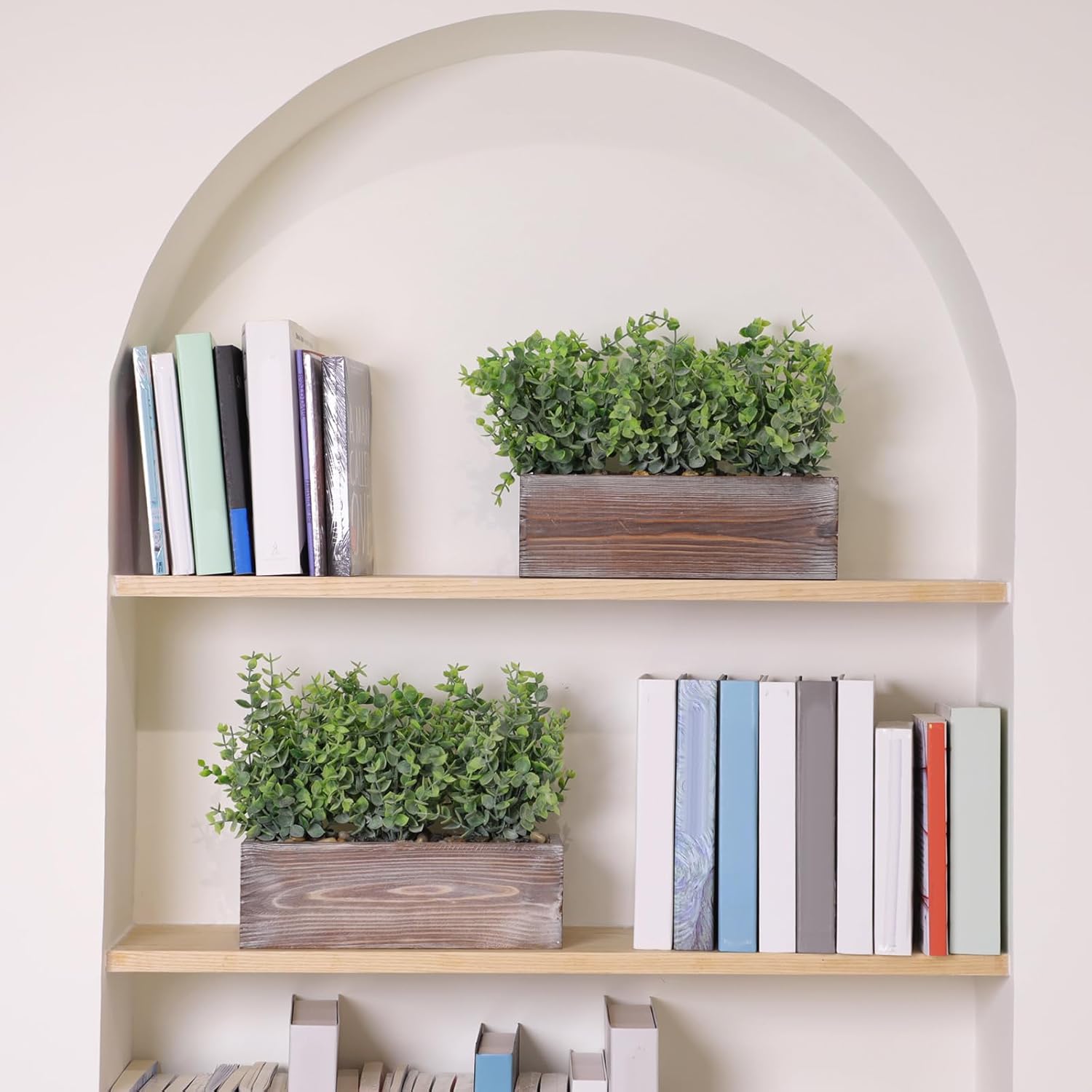 Lyrow 2 Pack Artificial Eucalyptus Plant in Rustic Rectangular Wooden Planter Box Greenery Faux Potted Herb Plant for Indoor Wedding Table Centerpiece Decor(Classic Color,11.4 x 3.7 x 7.8 Inches)