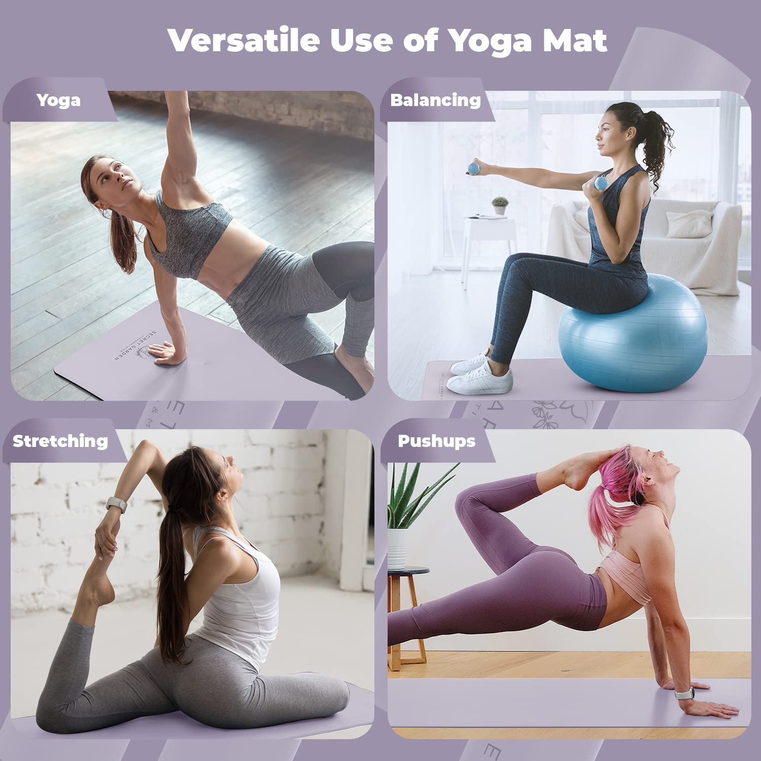 Esterilla de yoga antideslizante – Esterilla de ejercicio de doble capa para pilates, meditación, ejercicio – 5 mm de grosor para amortiguación y apoyo – lavanda