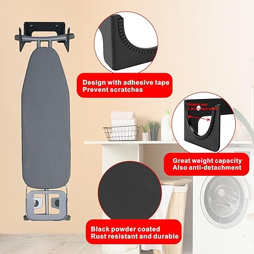 Miniatura 4 de Soporte para tabla de planchar para montaje en pared, gancho oculto para tabla de planchar con pierna en T para cuarto de servicio, cuartos de