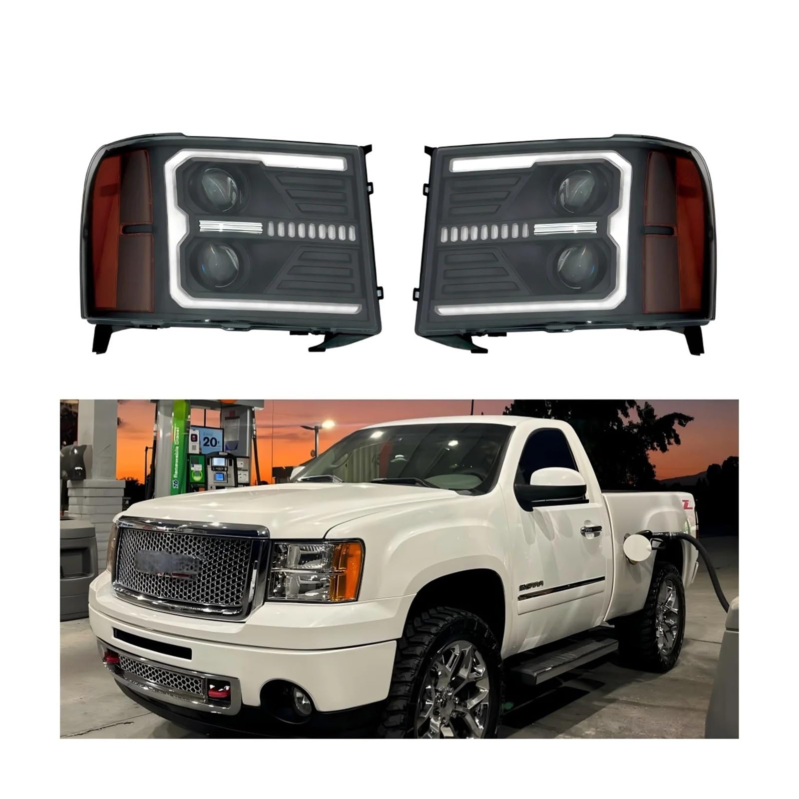 Pasuje do GMC Sierra 1500 2007-2013 dla GMC Sierra 2500HD 3500HD 2007-2014 z sekwencyjnym kierunkowskazem DRL 1 szt. Pełny reflektor Led(1PCS Left)