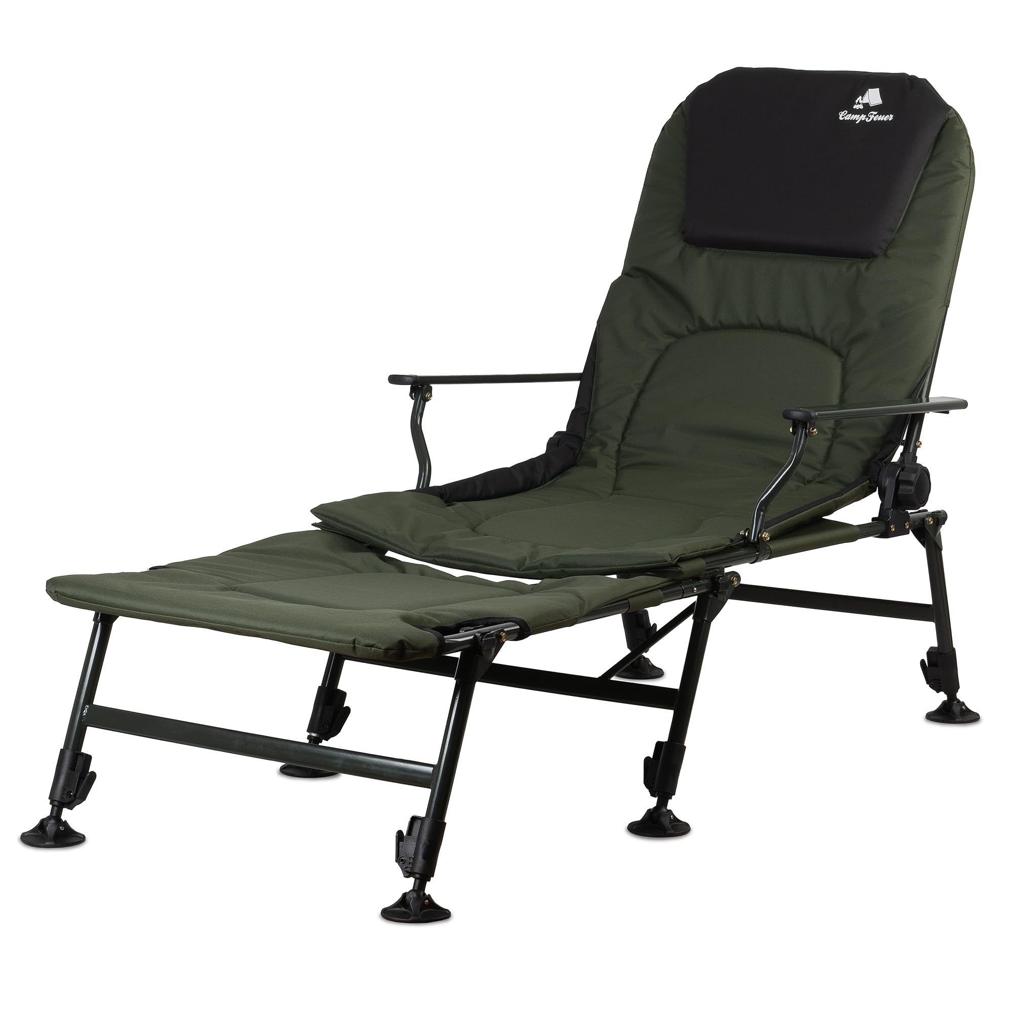 CampFeuer Silla de Pesca Plegable 2 en 1 Camuflaje Verde Oliva | Silla de Camping Regulable en Altura y Tumbona de Pesca | Silla de Viaje, para Camping, Acampada | Silla Plegable con Reposapiés