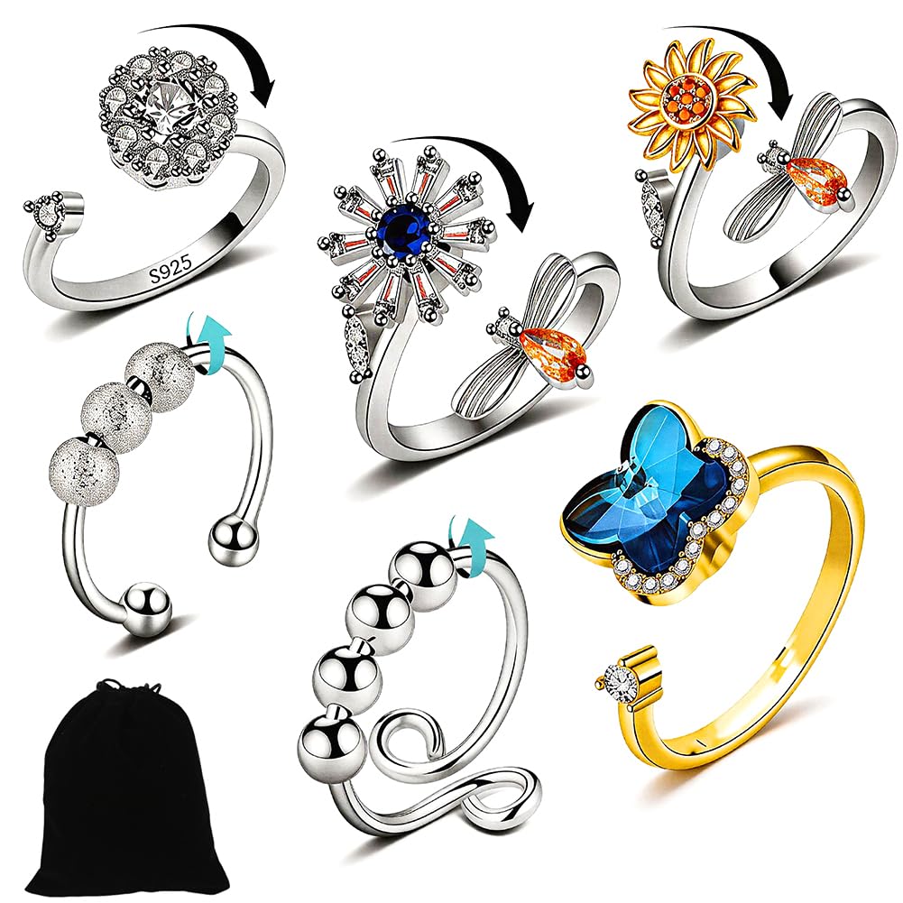 EduPlayte Anxiety Ring for Women, Silver Fidget Ring for Teen Girls, Adjustable Open Spinner Rings for Anxiety Women Daughter, Adjustable Fidget Ring for Anti-Stress - Star Moon Finger Spinner (6)