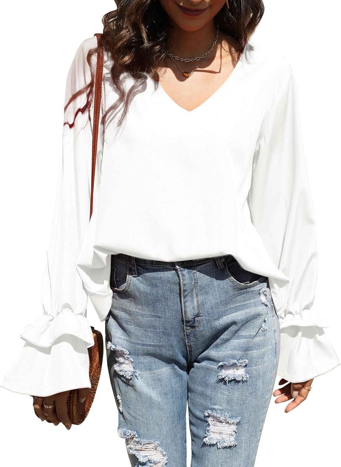 LYANER Women's Casual V Neck Tiered Ruffle Bell Long Sleeve Blouse Shirt Tunic Top - Image 3