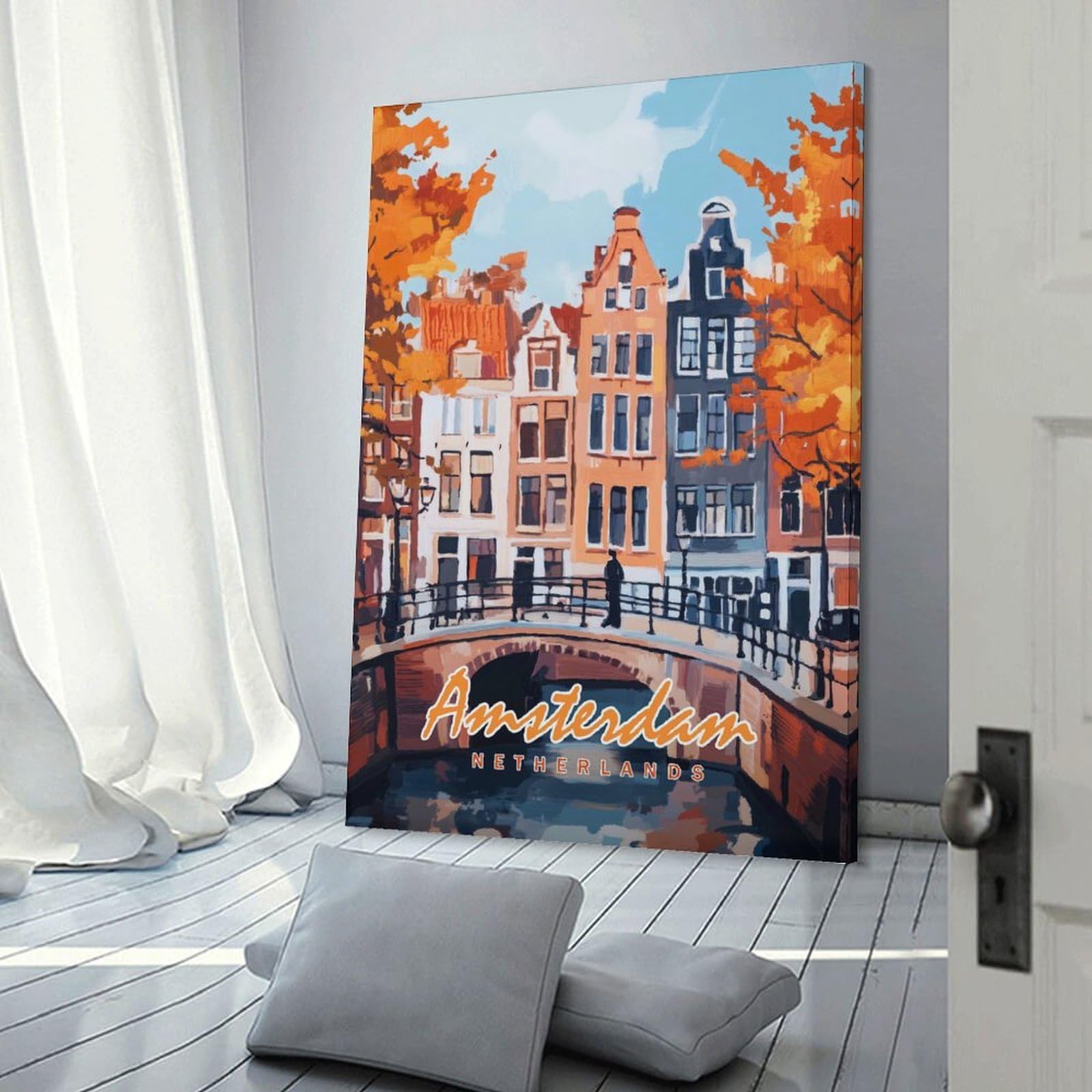 Junmoney Room Decor Wall Art Amsterdam Canal Painting, 20x30inch(50x75cm), for Living Room, Lounge Or Sitting Room, Canvas Styling for A Polished Room Look