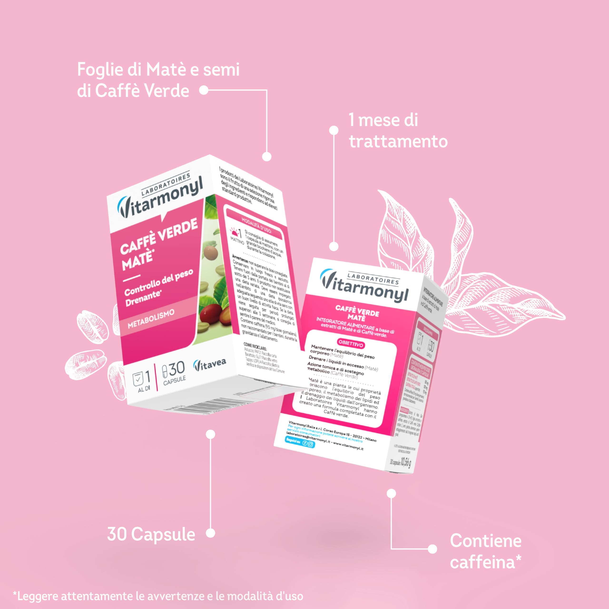Vitarmonyl Caffè Verde e Mate - Integratore Stimolante ad Azione Drenante - Energia Naturale con Caffeina - Favorisce la Depurazione e Dona Supporto Digestivo - Senza Glutine - 30 Capsule