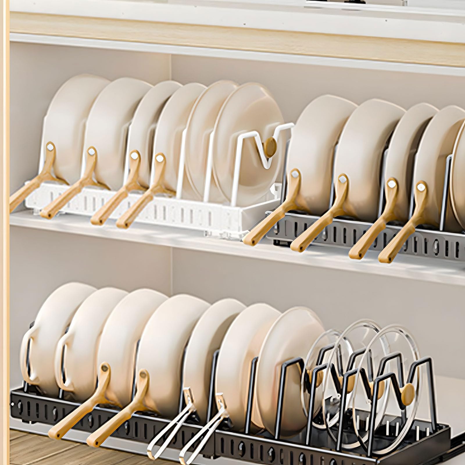 Organizador de tapas para el interior del armario, organizador de tapa de olla expandible con 10 separadores ajustables, extensión y contracción, longitud total de 43,5 a 78 cm (gris, 10 divisores)