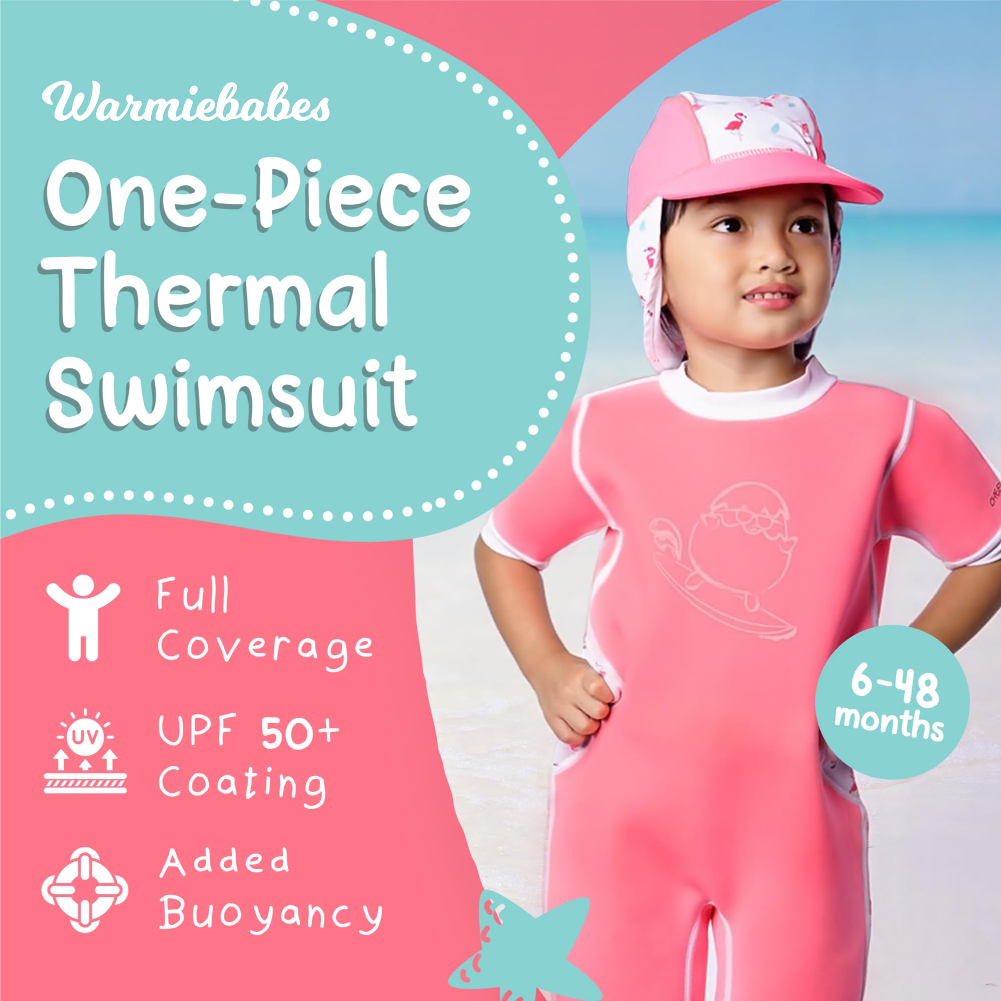 Warmiebabes Baby and Toddler Wetsuit, Thermal Swimsuit Made with UPF50+ Neoprene, Quick-Dry Rash Guard, Salmon Pink, Flamingo