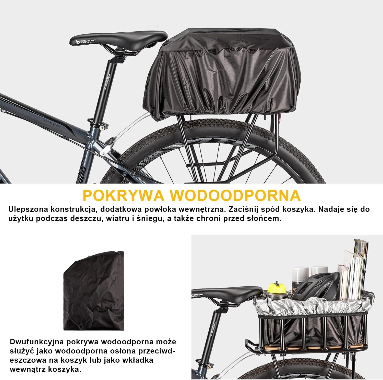 CXWXC Kosz rowerowy z tyłu – duży kosz na bagażnik z drewnianym dnem, wodoszczelna pokrywa i siatka cargo, wysoka nośność