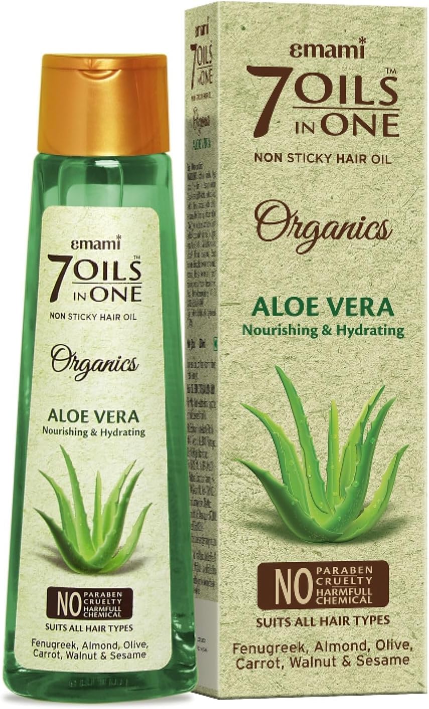 Emami 7 Oils In One Organics Aloe Vera Hair Oil | Nourishing & Hydrating| Ultra-Light & Non-Sticky | Certified Organic | Free From Parabens, Sulphates & Harmful Chemicals | For Soft, Shiny Hair, 200ml