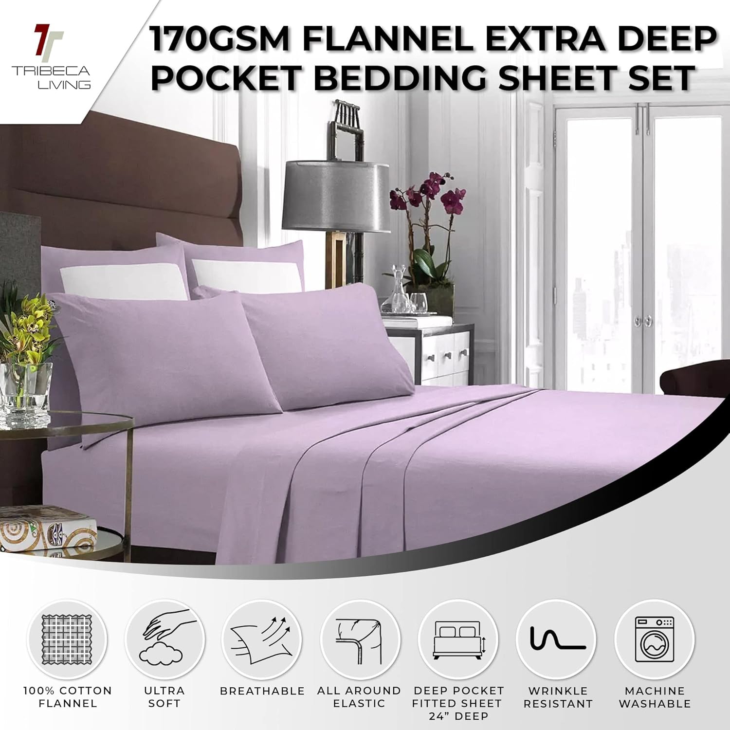 Tribeca Living Luxury Solid Flannel Deep Pocket Sheet Set, Queen, Lavender, (FLSOEDQULA)
