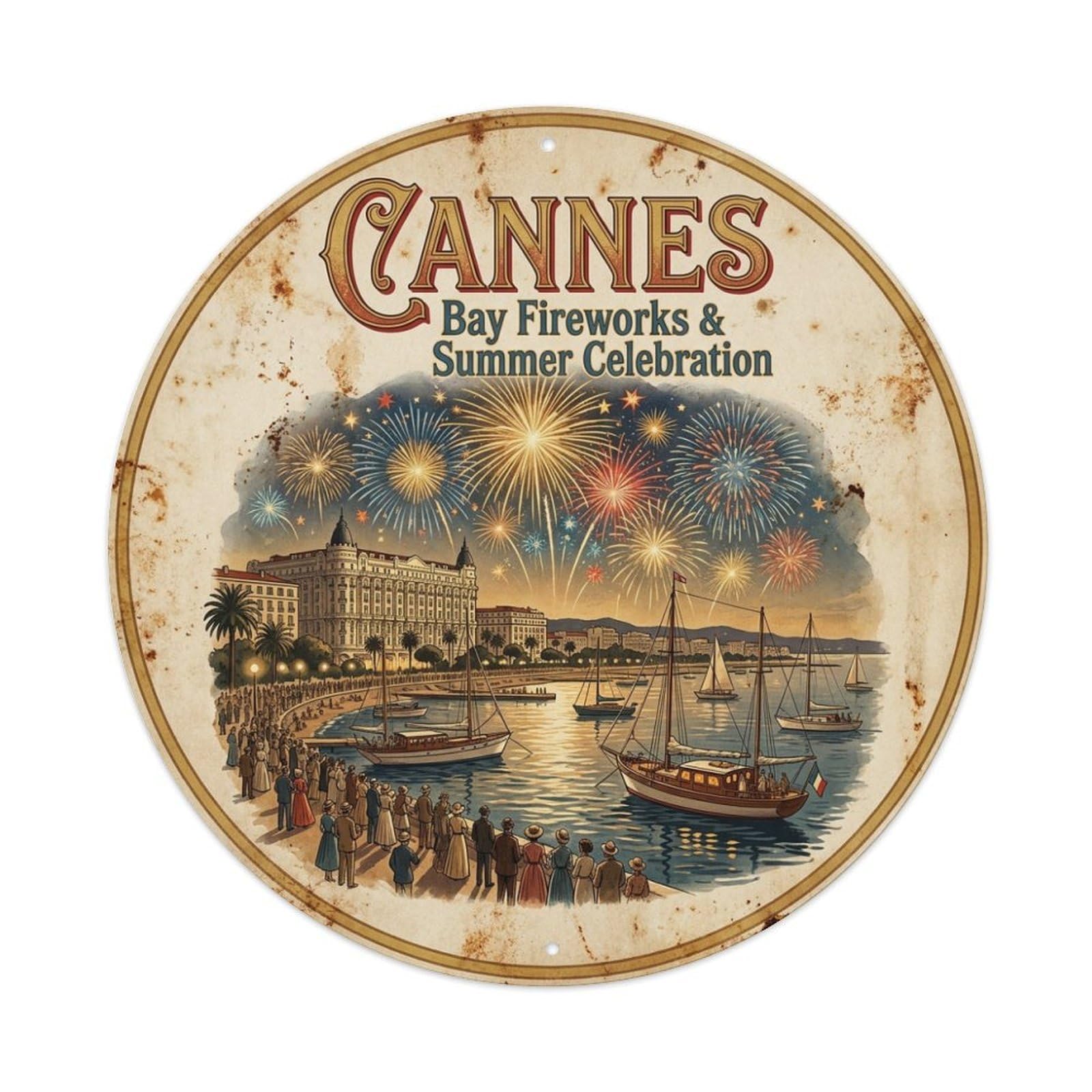 France Cannes City Travel Bay Fireworks Summer Metal Tin Sign