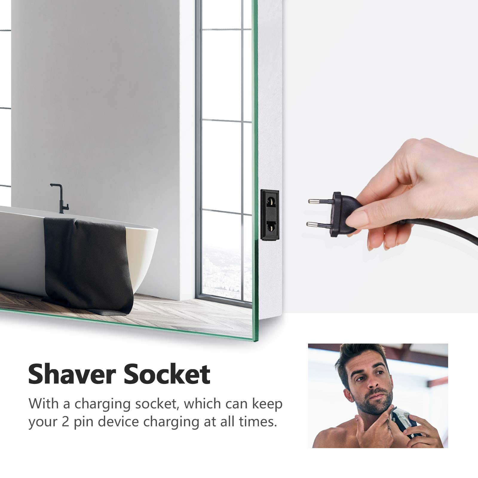 EMKE Backlit Illuminated Bluetooth Bathroom Mirror with Shaver Socket