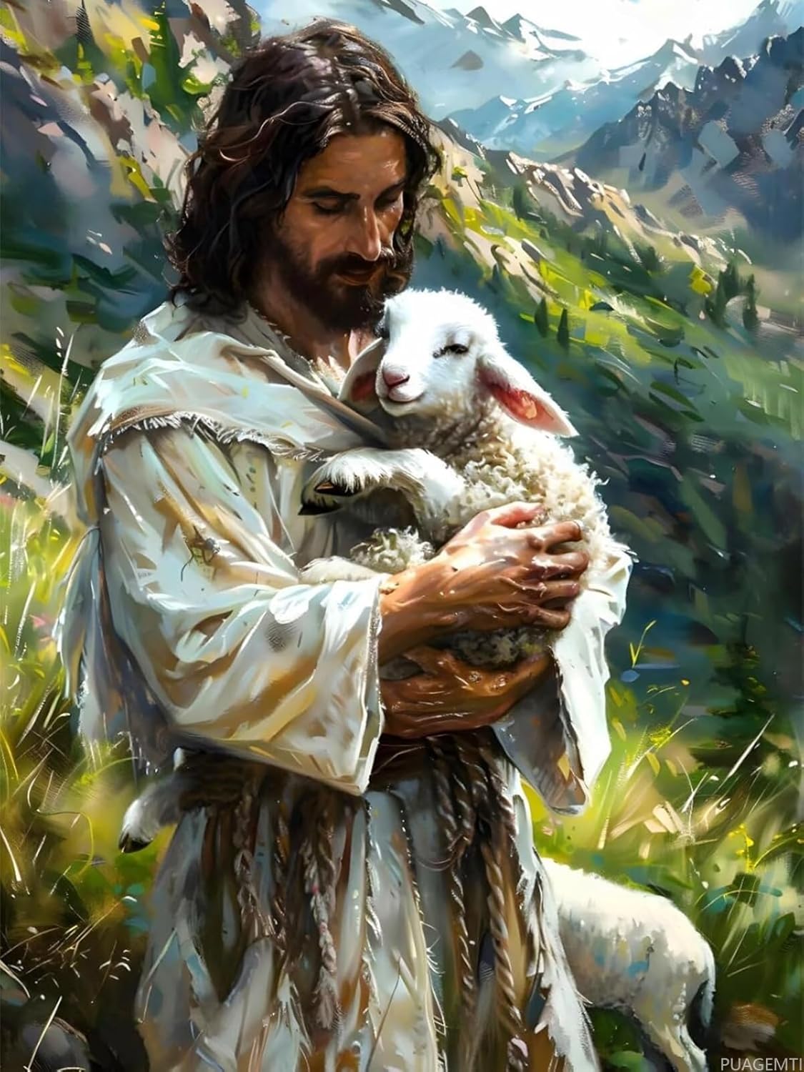 PUAGEMTI Christ Jesus Diamond Painting Kits for Adults Religious Jesus Holding Lamb Diamond Art Full Drill Round Gem Art 5D Pray Diamond Art Suitable Home Wall Decor 12x16 Inch