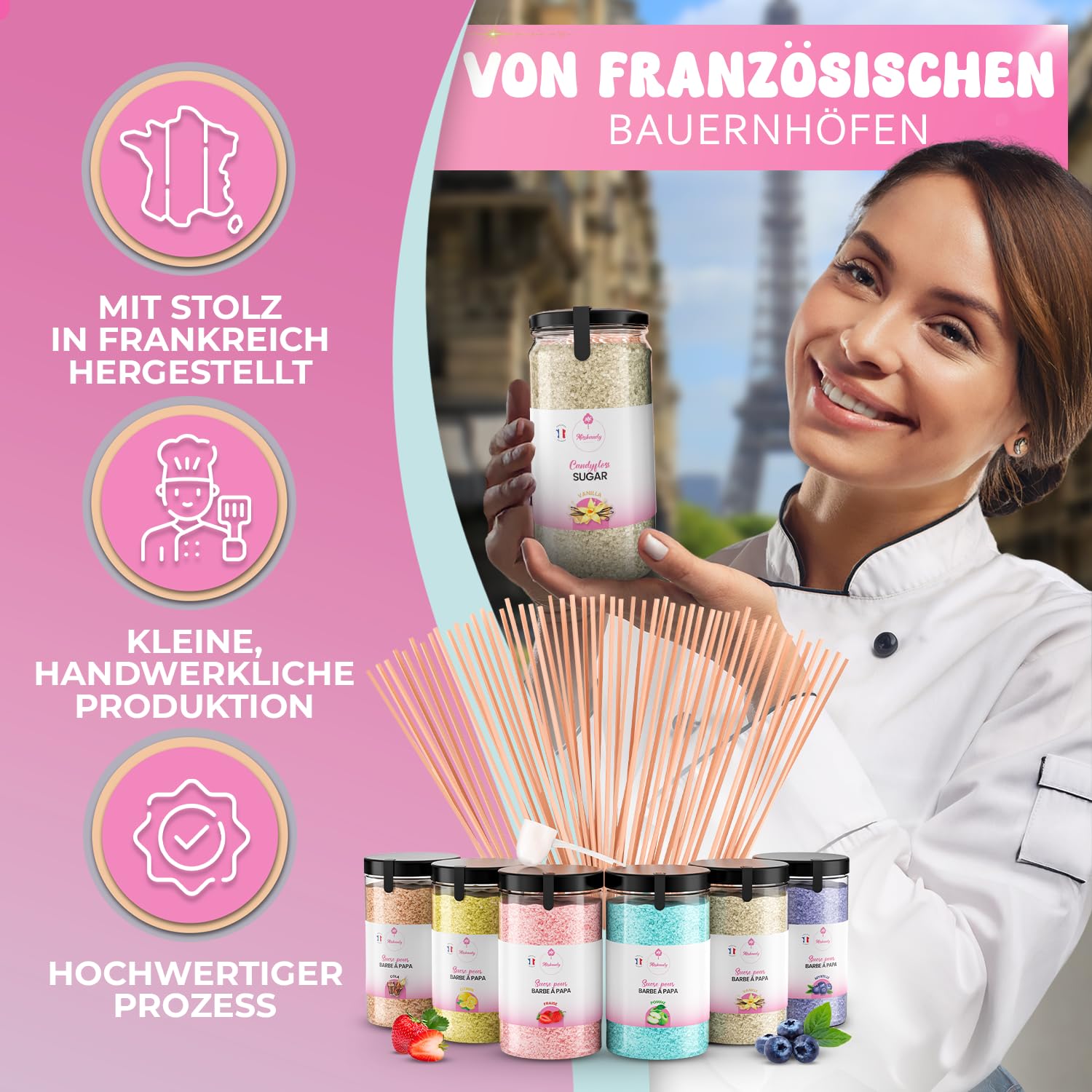 Misskandy® 6-smakowy zestaw do waty cukrowej, 72 porcje - zawiera 50 patyczków do maszyny do waty cukrowej - smaki obejmują colę, wanilię, truskawkę, jagodę, cytrynę i jabłko
