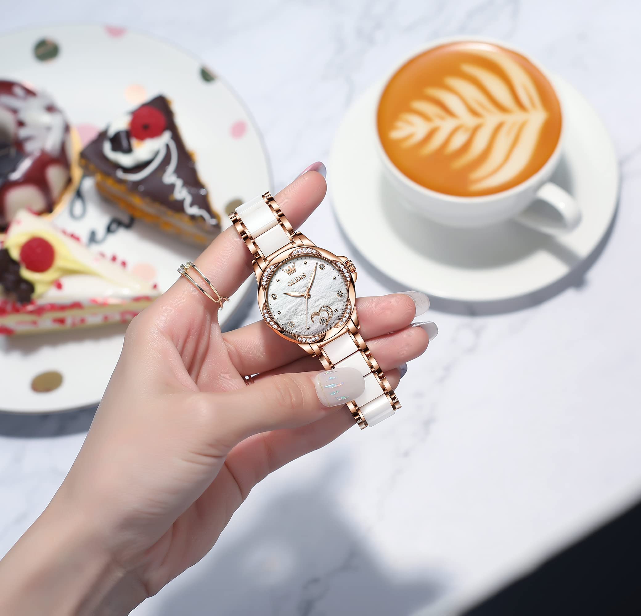 OLEVS Orologio da donna automatico a carica automatica, in oro rosa con diamanti, orologio da polso in ceramica bianca per donne Love Heart Date, Quadrante bianco, orologio automatico