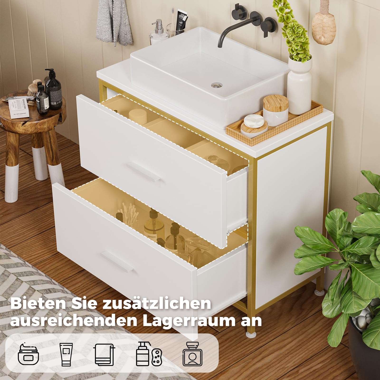 ELUCHANG Ensemble Meuble Salle de Bain 2 pièces,Armoire Murale Salle de Bain avec LED, Meuble sous lavabo avec 2 Tiroirs,étagères réglables, Style Industriel,Blanc+Doré