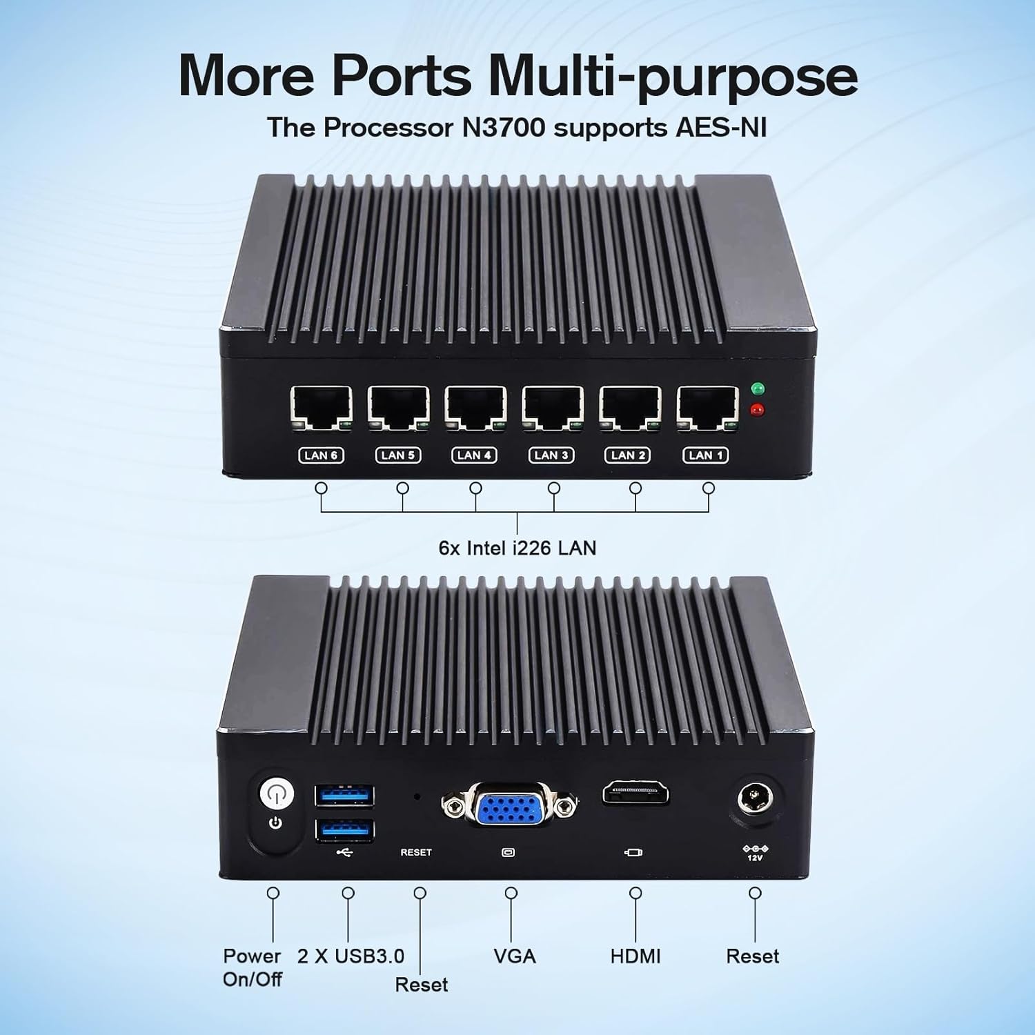 Fanless Firewall Appliance 6X Intel N3700 4C/4T, Firewall Mini PC 4X i226 LAN Ports DDR3 mSATA SSD, Network Gateway Soft Router, Test with P-F-Sense AES NI (8G 128G/ 6LAN)
