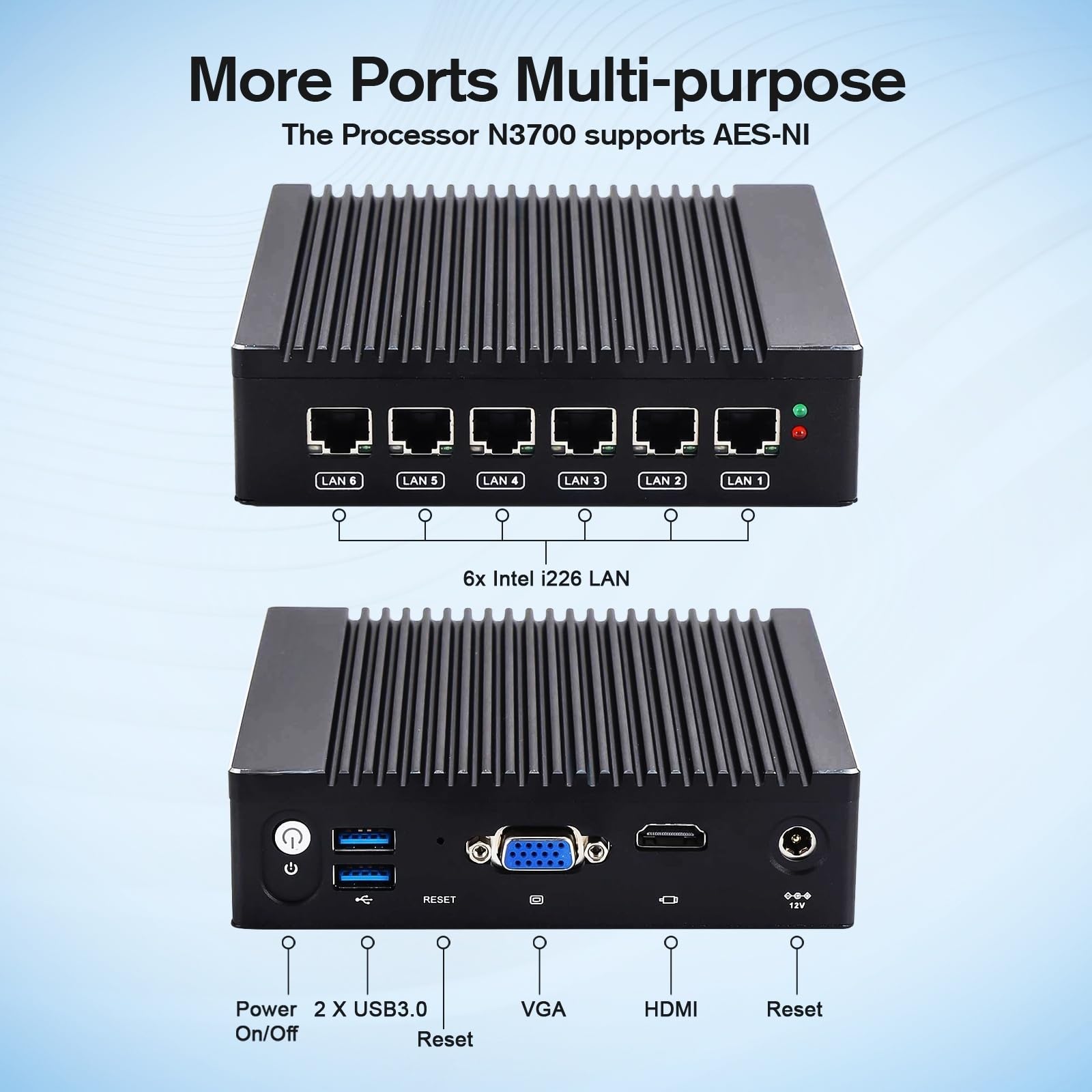VNOPN Fanless Firewall Appliance Intel J3710 4C/4T, Firewall Mini PC 4 x Intel i226 LAN Ports DDR3 mSATA SSD, Network Gateway Soft Router, Support P-F-Sense AES NI HD/VGA/Wi-Fi (): 8G 128G/ 6LAN