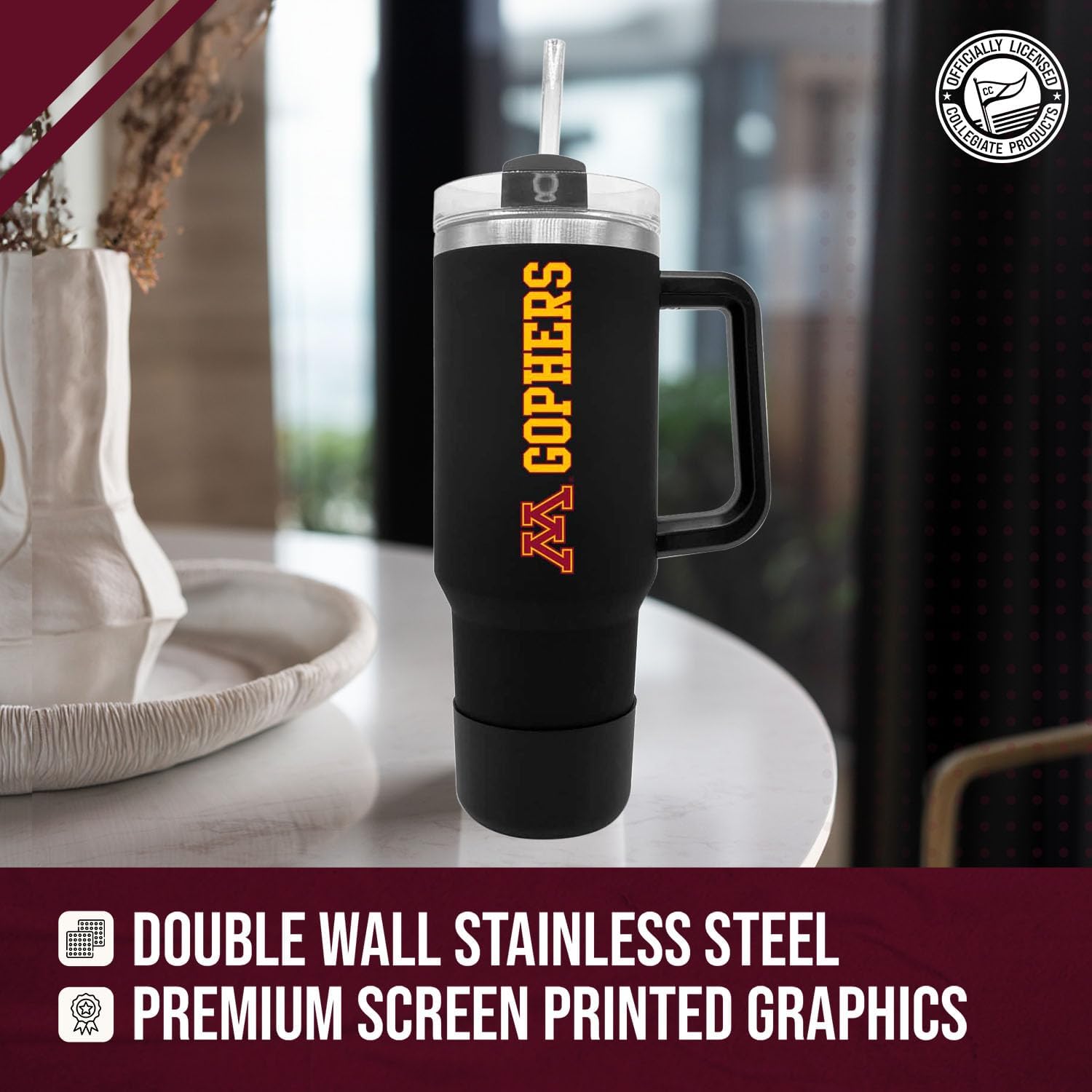 Campus Colors College & University 40 oz Travel Tumbler With Handle - Dual Option Lid With Straw - Vacuum Insulated Stainless Steel (Minnesota Golden Gophers - Black)
