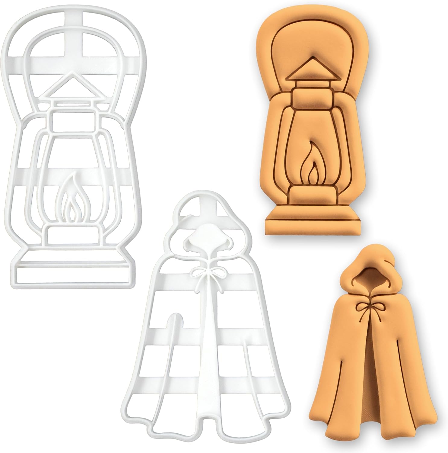 BAKERLOGY Set of 2 Hooded Cloak & Hurricane Lantern Cookie Cutters – Halloween Mystery Biscuit Cutters, Detective or Ghost Story Theme, Fantasy Baking Tools, Spooky Victorian Candlelight Fondant Molds
