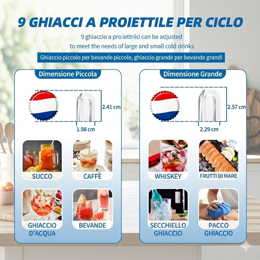 Macchina del Ghiaccio Portatile 12KG/24H Fabbricatore Ghiaccio Casa con Autopulizia Produce 9 Cubetti in 6 Minuti 2 Dimensioni Ghiaccio a Proiettile Nero Silenziosa con Cestello e Paletta