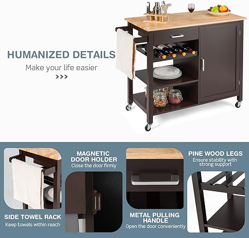 Miniatura 8 de Isla de cocina, carrito rodante de madera con cajones, estante para vino, gabinete de 1 puerta y asa de toalla, carritos de cocina con ruedas con